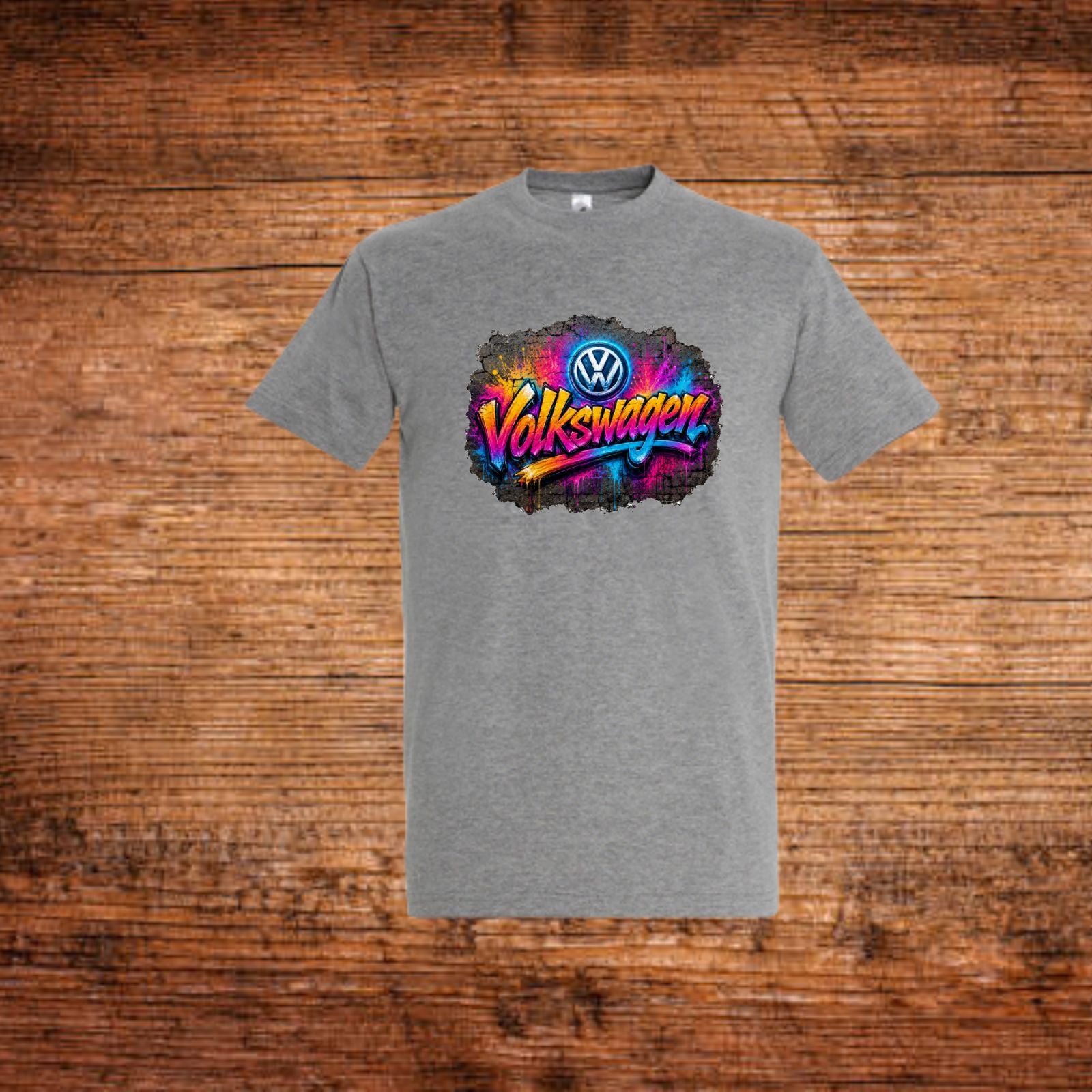Graues T-Shirt mit Volkswagen-Graffiti-Aufdruck in Regenbogenfarben