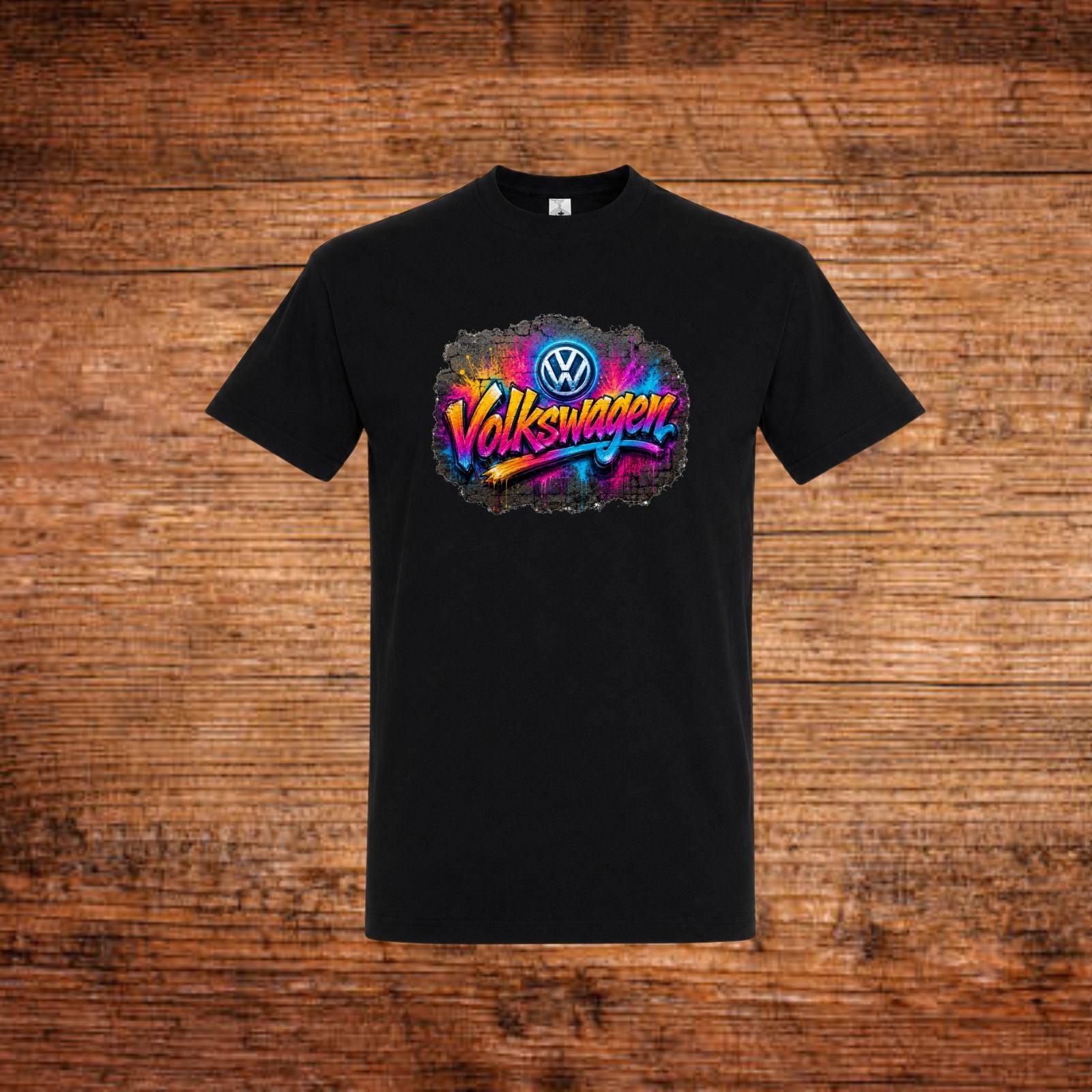 Graffiti-T-Shirt mit Volkswagen Aufdruck, schwarz, Rundhalsausschnitt