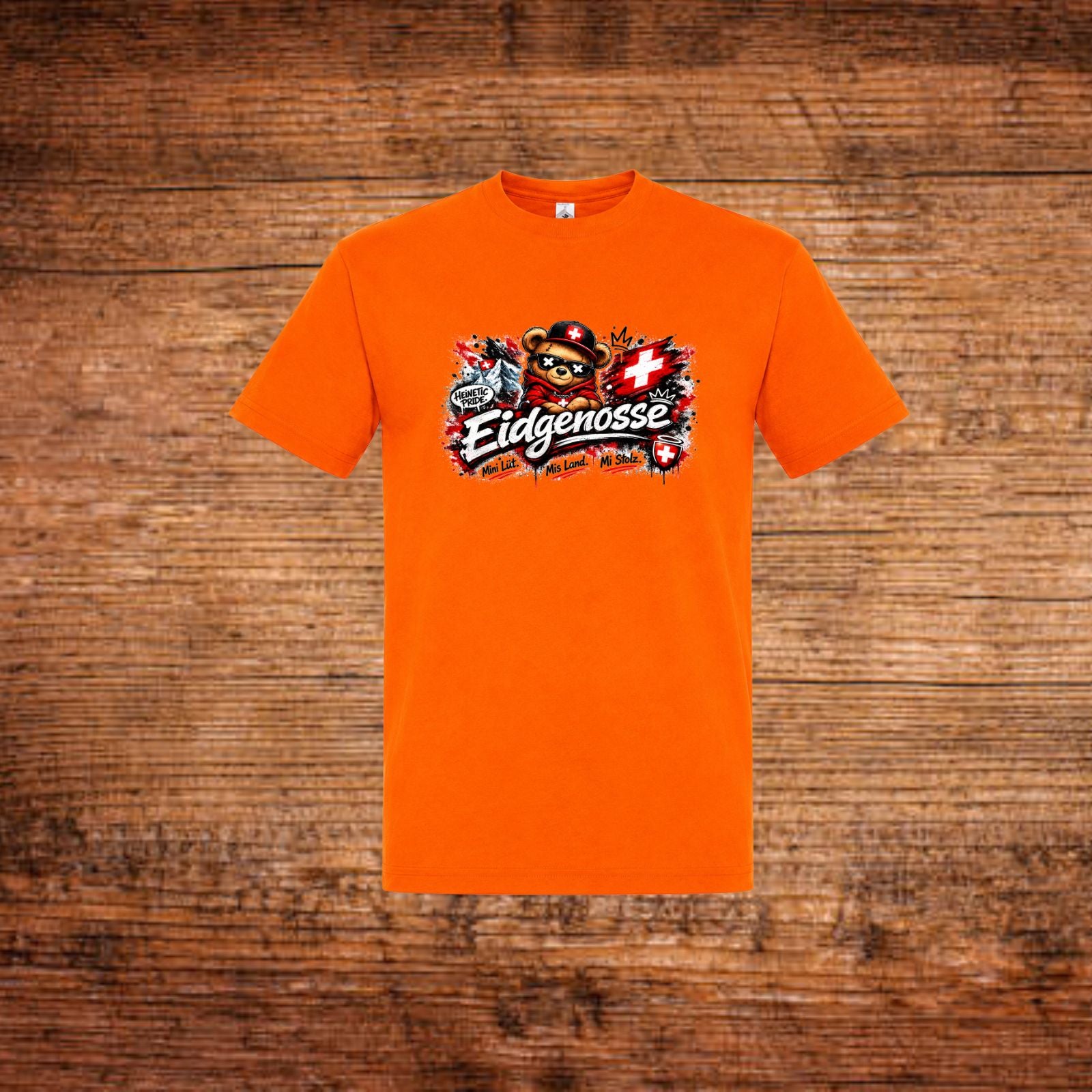 Oranges T-Shirt mit großem Bär-Print und Schriftzug auf der Brust