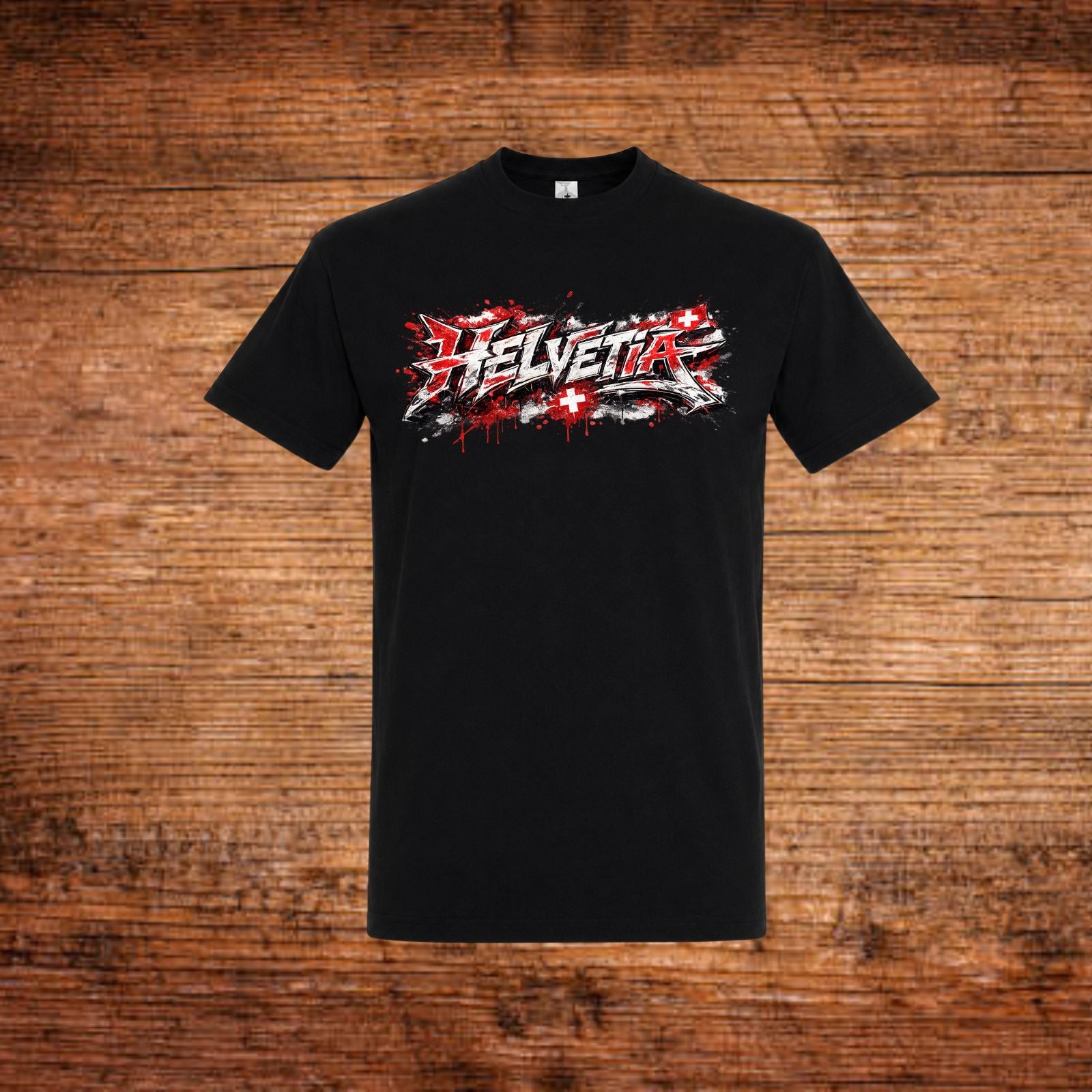 Graffiti-T-Shirt mit Helvetia-Frontprint, Rundhalsausschnitt, schwarz