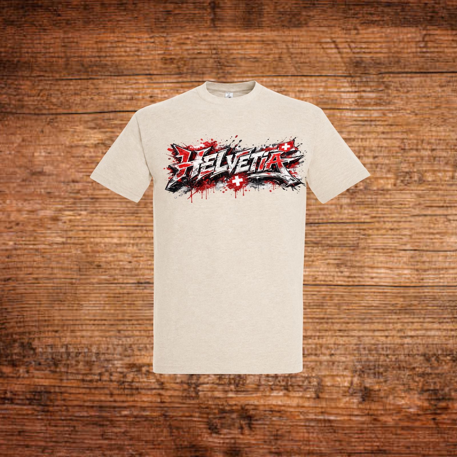 Graffiti-T-Shirt, beiget, Rundhalsausschnitt, Frontprint im Sprühstil