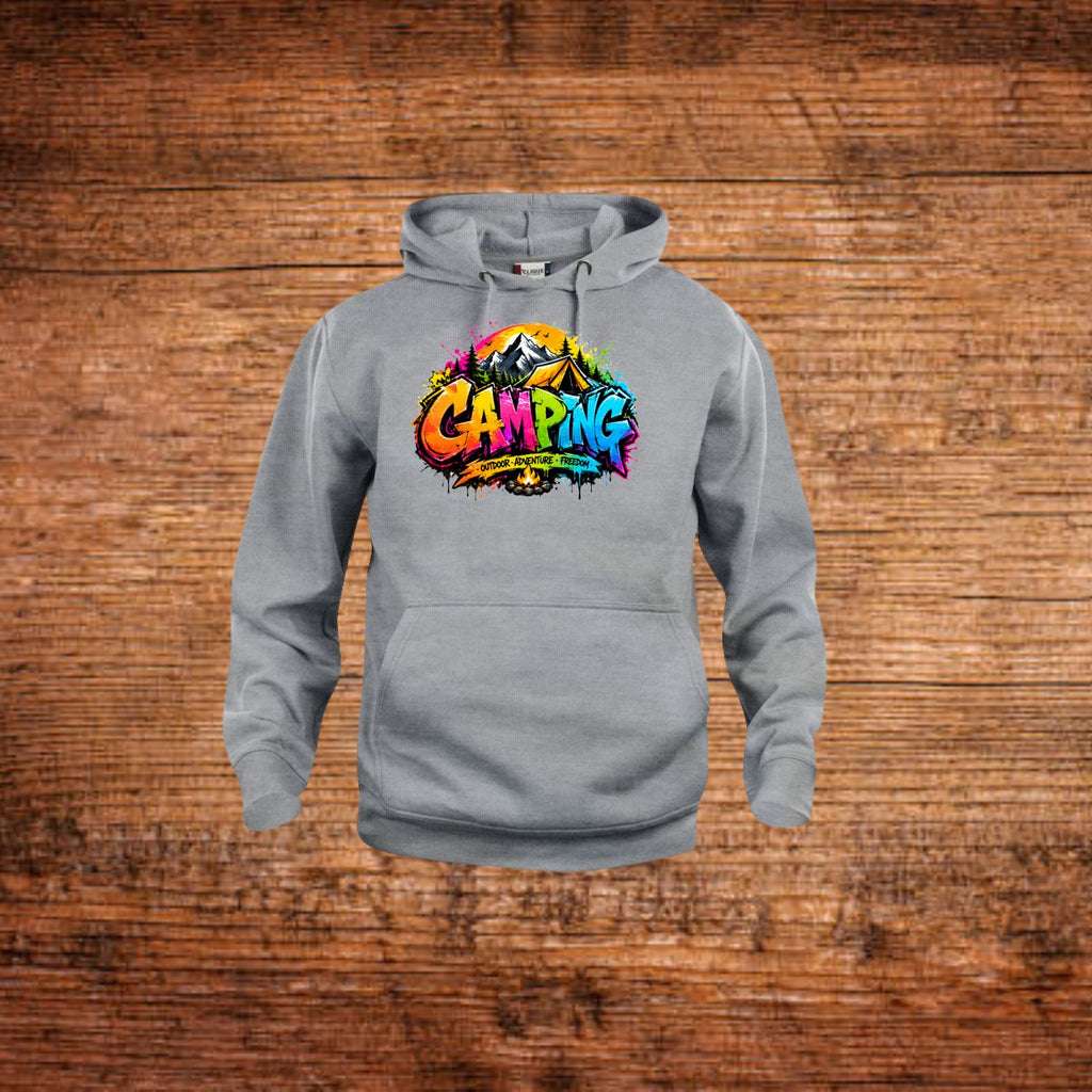 Graue Camping-Graffiti-Hoodie mit Kapuze und Kängurutasche, Grafikprint