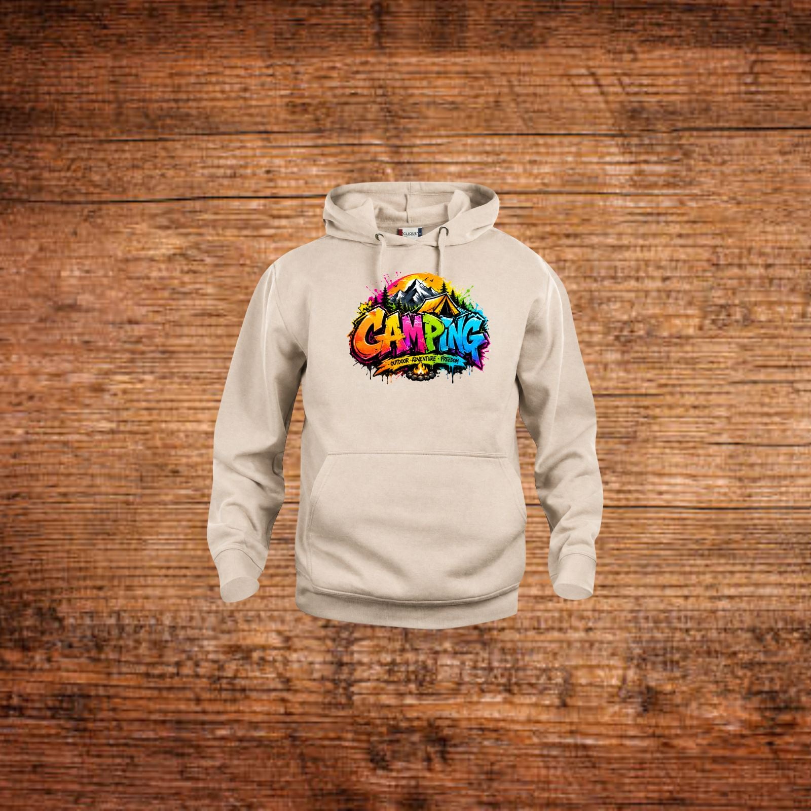 Hoodie in Beige mit Kapuze, Kängurutasche und buntem „Camping“-Frontprint