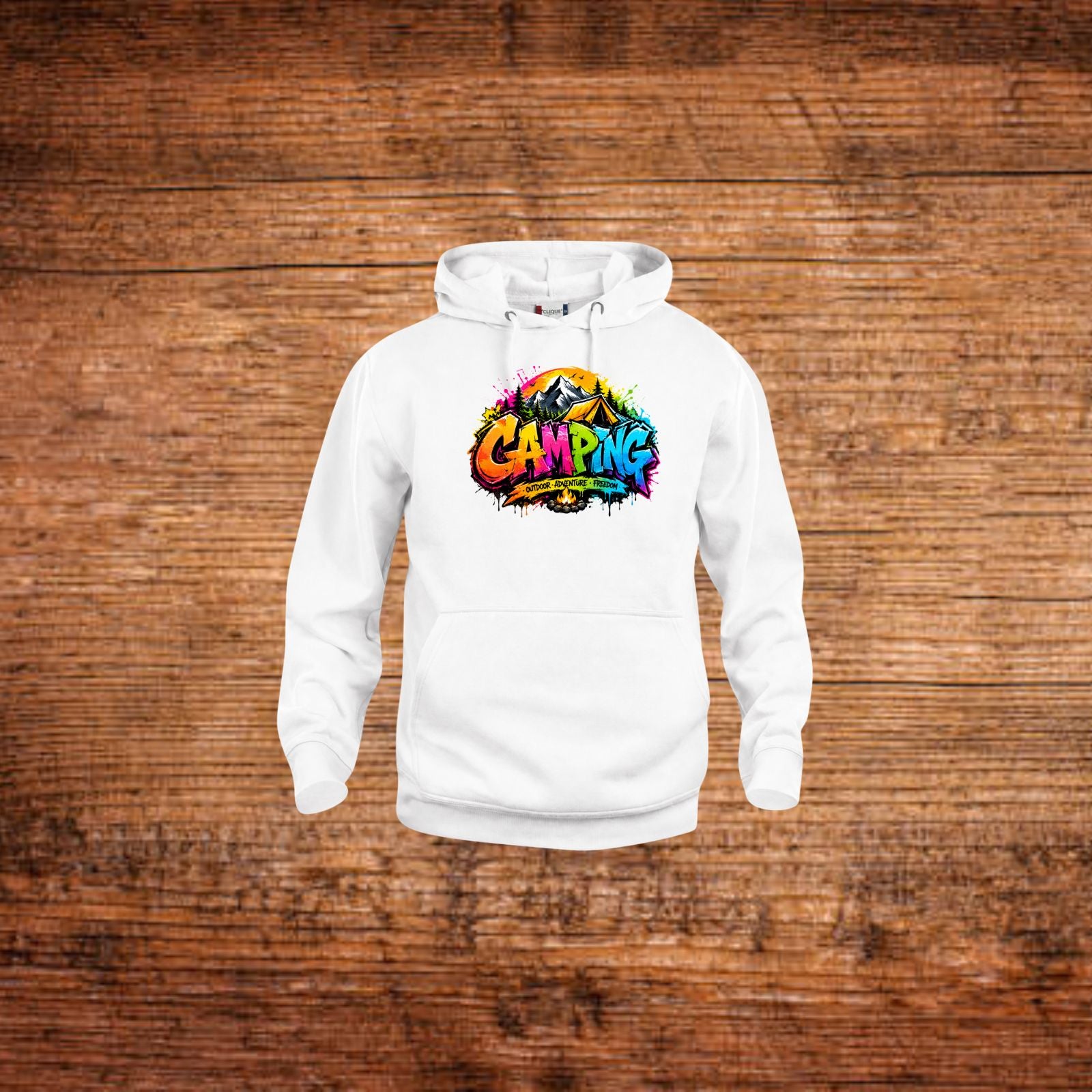 Hoodie in Weiß mit Kapuze, Kängurutasche und buntem „Camping“-Frontprint