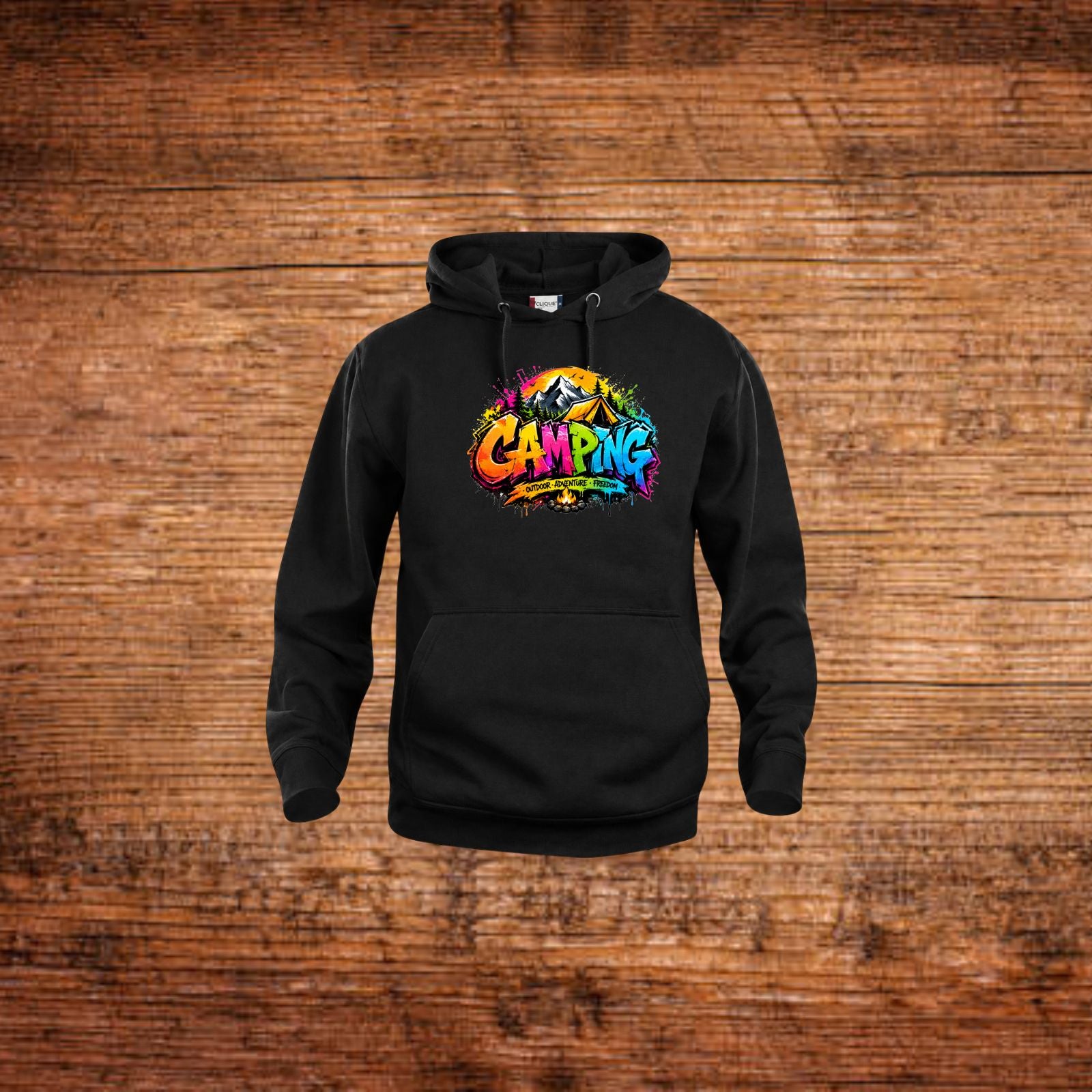Hoodie in Schwarz mit Kapuze, Kängurutasche und buntem „Camping“-Frontprint