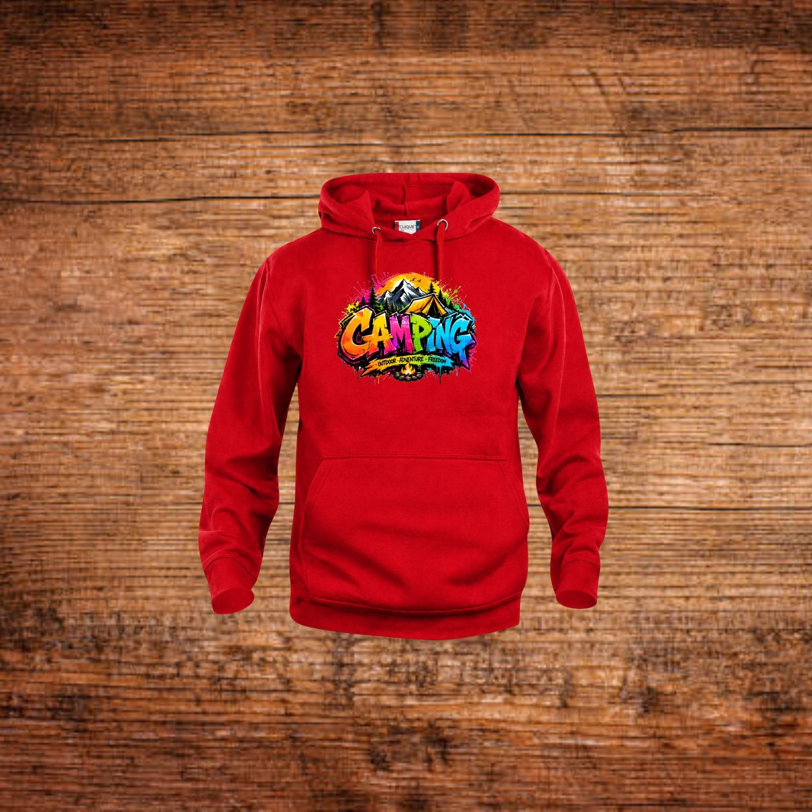 Hoodie in Rot mit Kapuze, Kängurutasche und buntem „Camping“-Frontprint