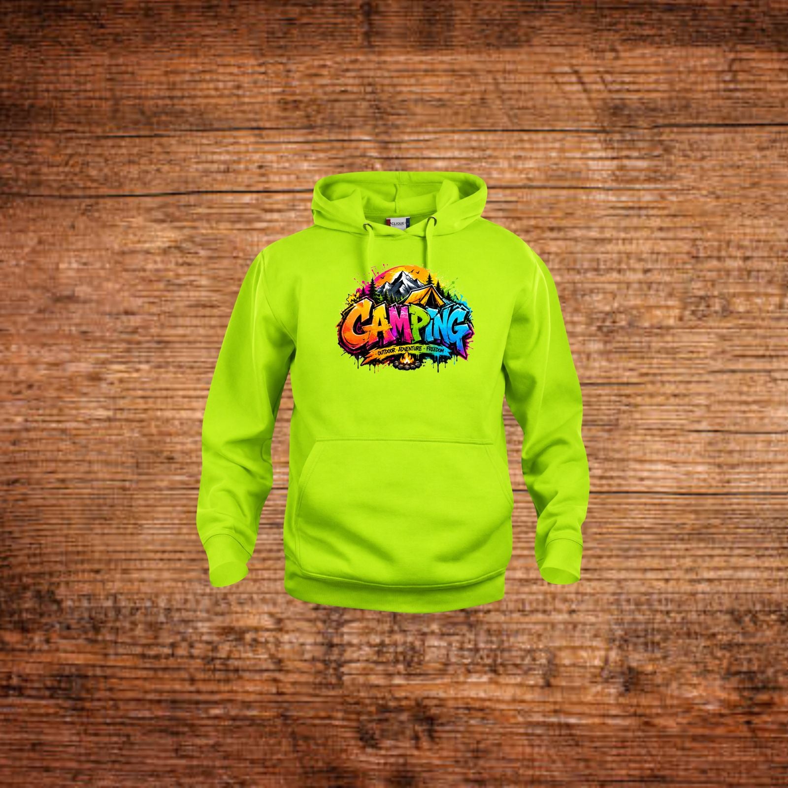 Hoodie in Neon-Grün mit Kapuze, Kängurutasche und buntem „Camping“-Frontprint