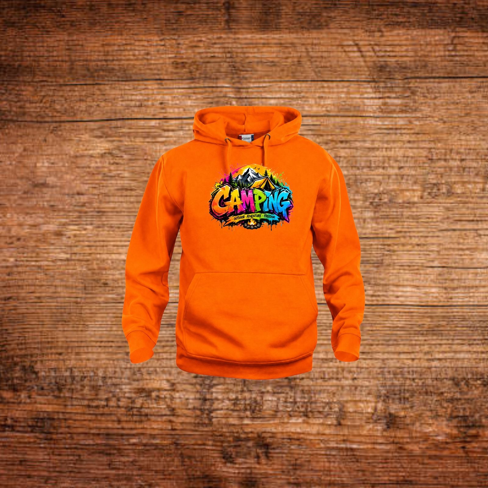 Hoodie in Orange mit Kapuze, Kängurutasche und buntem „Camping“-Frontprint