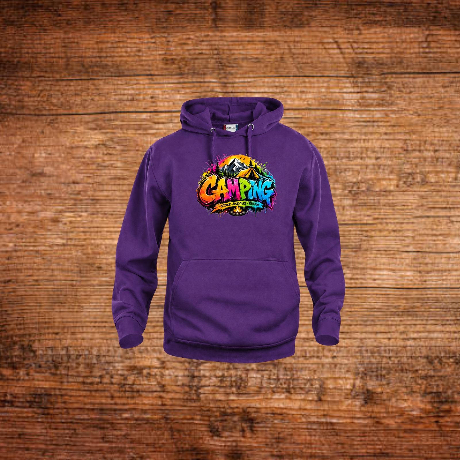 Hoodie in Lila mit Kapuze, Kängurutasche und buntem „Camping“-Frontprint