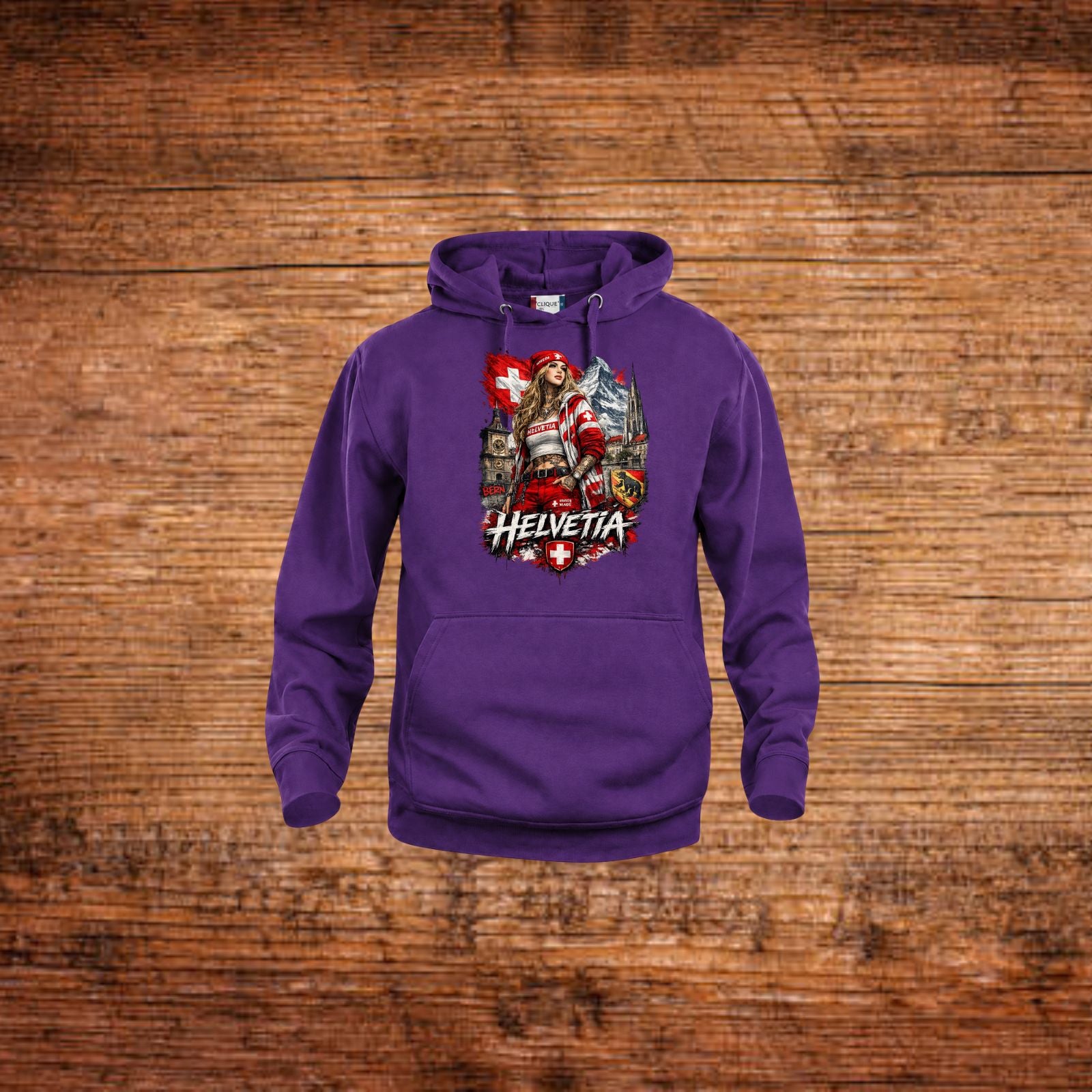 Lila Hoodie mit Kapuze, Frontprint mit Wappenfigur und Schweizer Kreuz