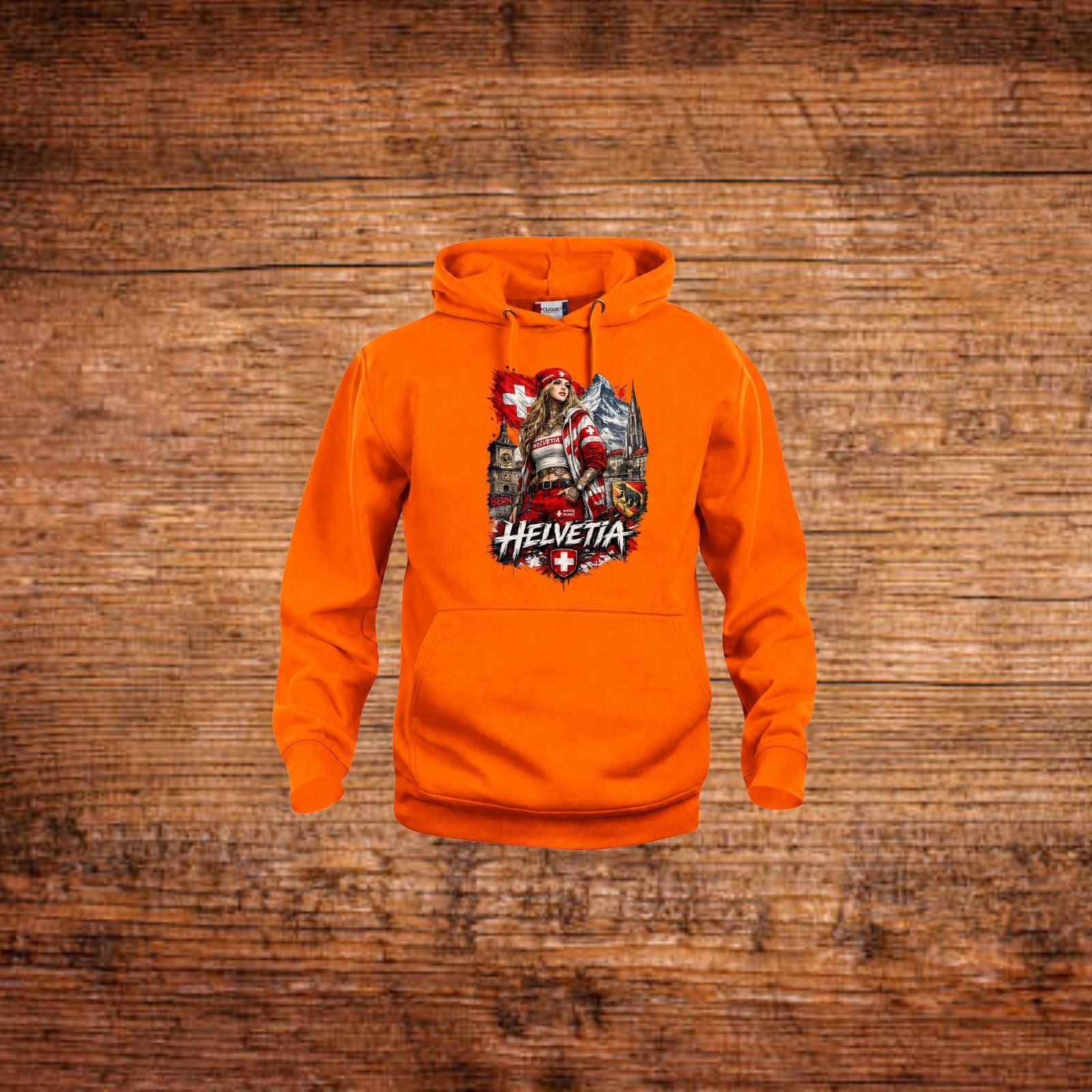 Orange Hoodie mit Kapuze und Frontprint