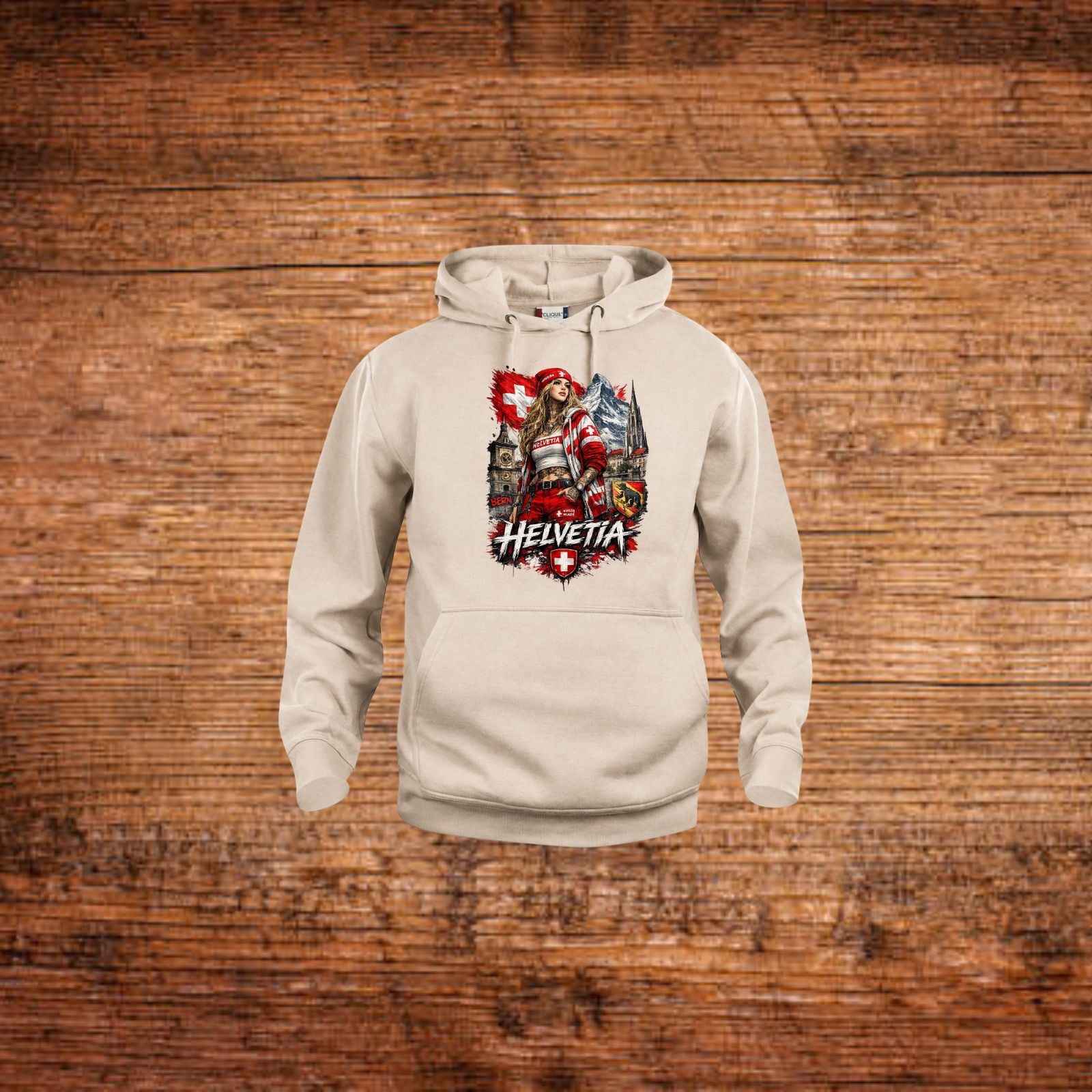 Beiger Hoodie mit Kapuze und Frontprint