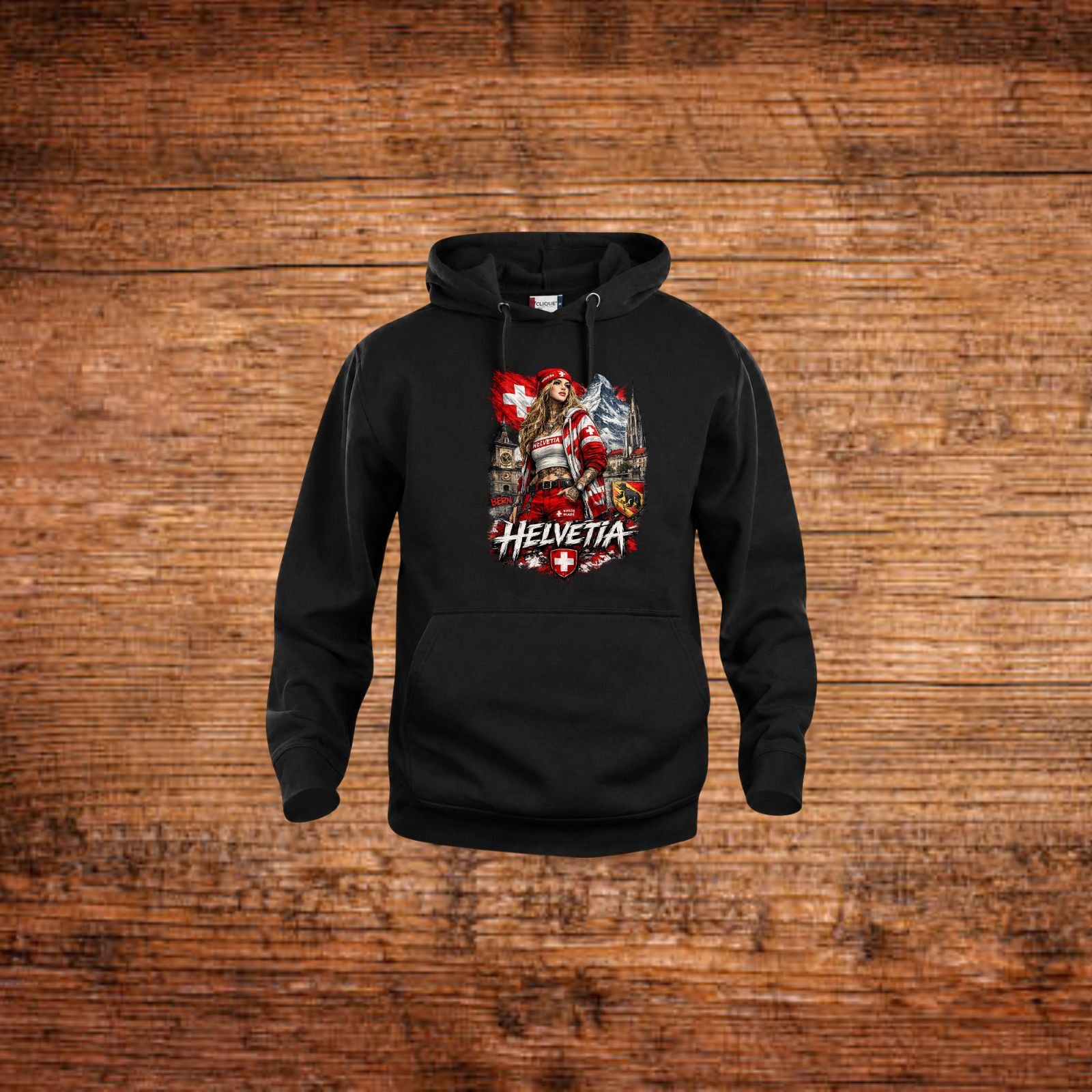 Schwarzer Hoodie mit Kapuze und Frontprint