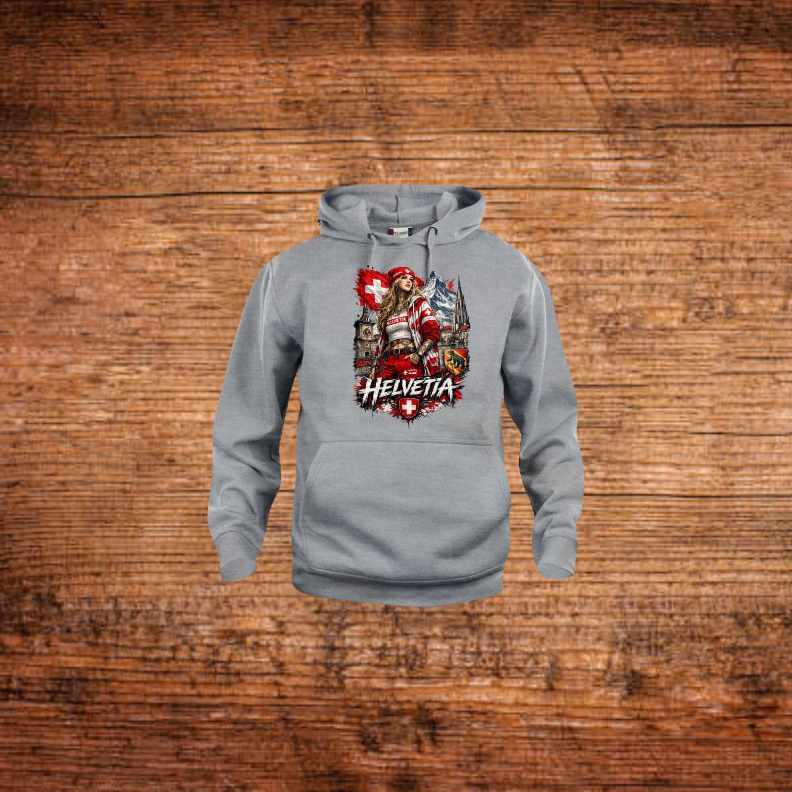 Grauer Hoodie mit Kapuze und Frontprint