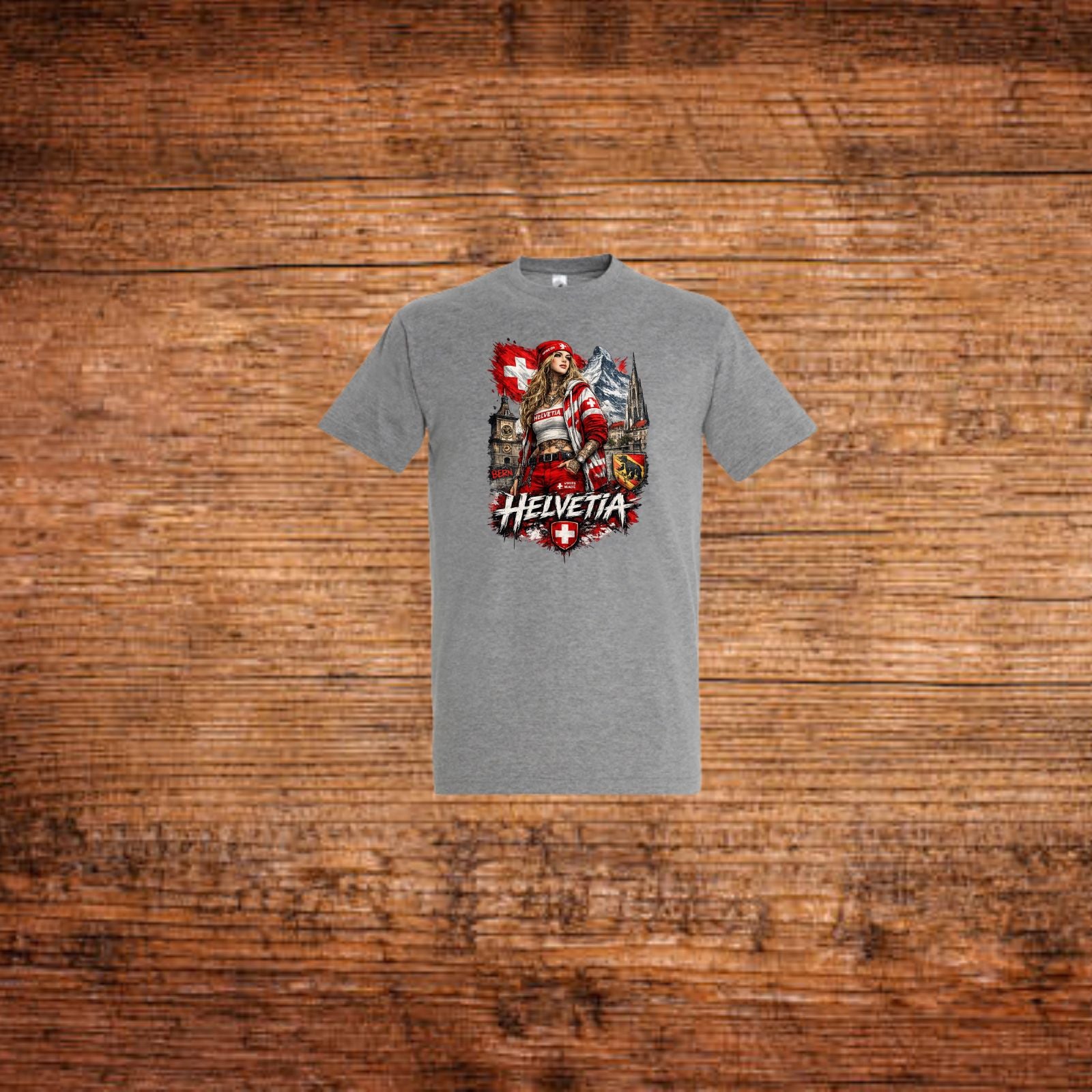 Graues T-Shirt mit großem Frontmotiv und Rundhalsausschnitt