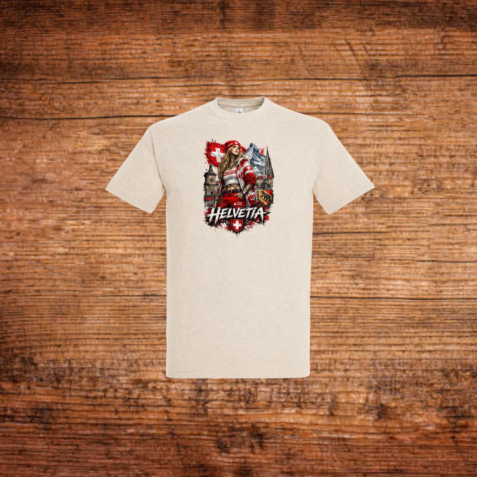 Beiges T-Shirt mit Rundhalsausschnitt und Helvetia-Print mit Schweizer Soldat
