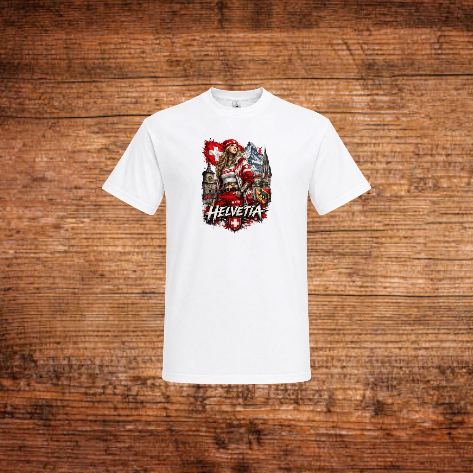 Weißes T-Shirt mit Rundhalsausschnitt und Helvetia-Print mit Schweizer Soldat