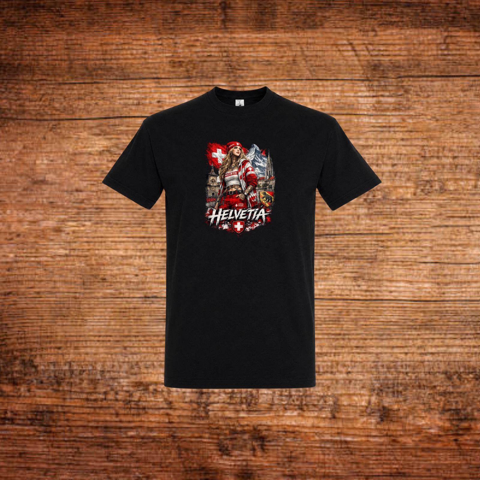 Schwarzes T-Shirt mit Rundhalsausschnitt und Helvetia-Print mit Schweizer Soldat