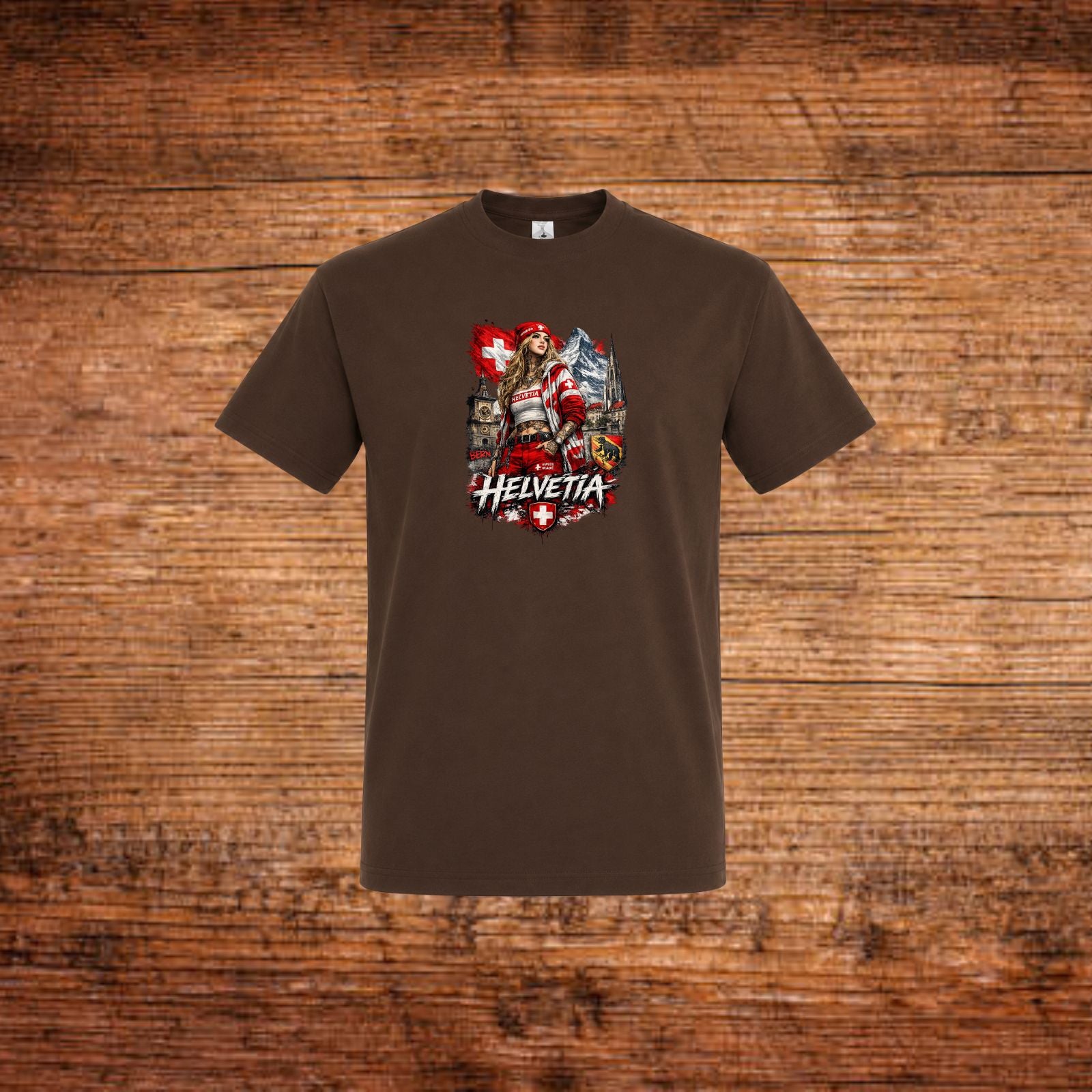 Braunes T-Shirt mit Rundhalsausschnitt und Helvetia-Print mit Schweizer Soldat