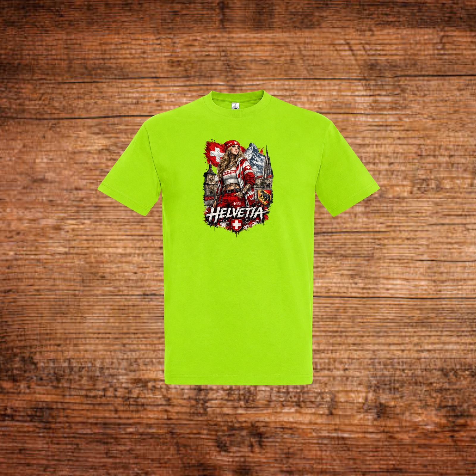 Grünes T-Shirt mit Rundhalsausschnitt und Helvetia-Print mit Schweizer Soldat
