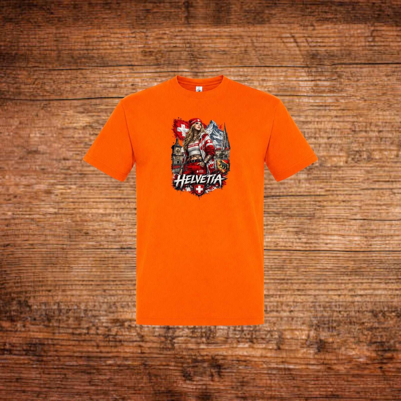 Oranges T-Shirt mit Rundhalsausschnitt und Helvetia-Print mit Schweizer Soldat