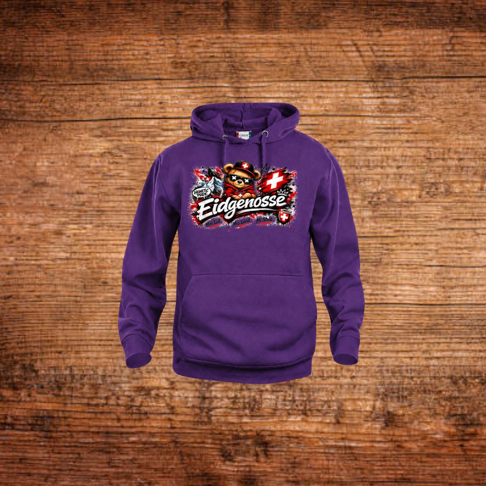 Lila Hoodie mit Kapuze, Kängurutasche und Frontaufdruck