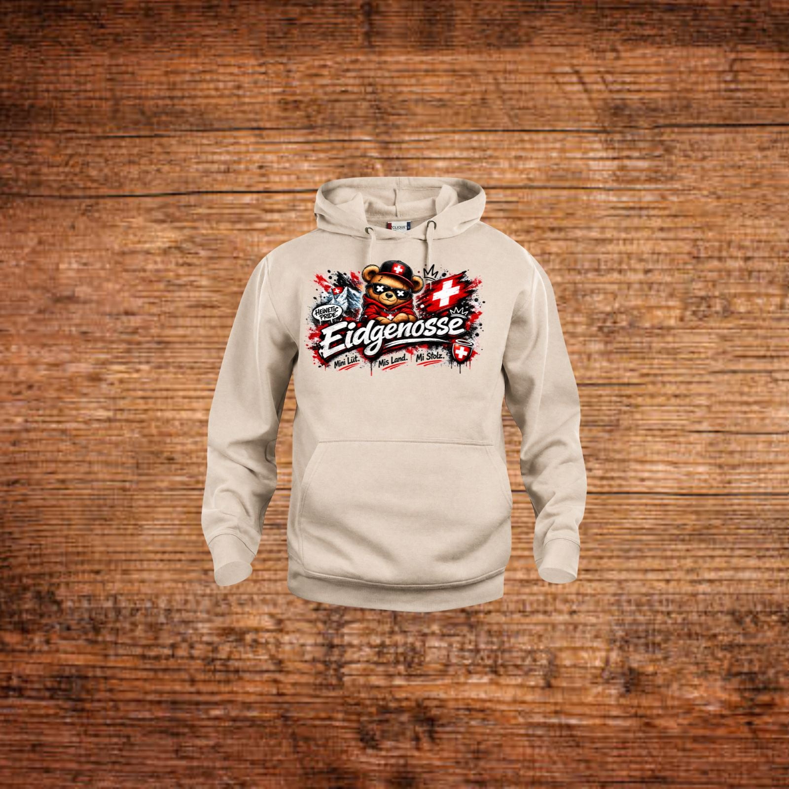 Beiger Hoodie mit Front-Print „Eidgenosse“ und Kängurutasche, Kapuze.