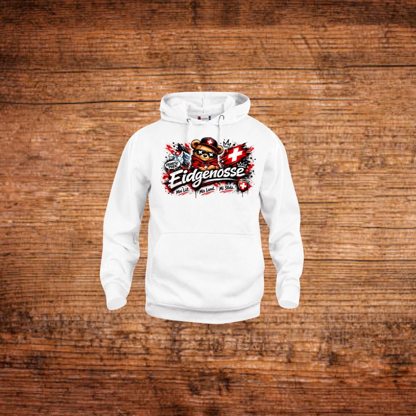 Weißer Hoodie mit Front-Print „Eidgenosse“ und Kängurutasche, Kapuze.