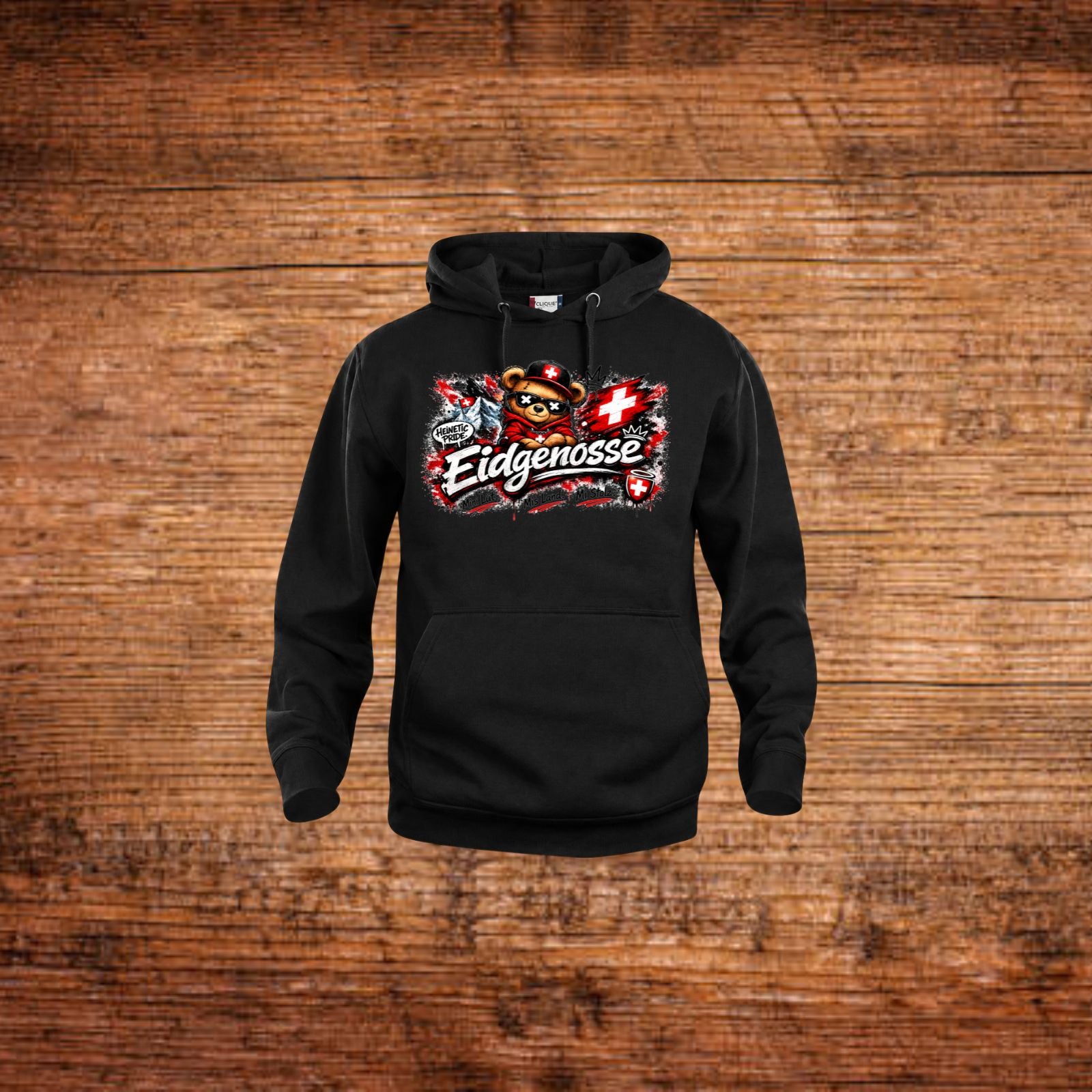 Schwarzer Hoodie mit Front-Print „Eidgenosse“ und Kängurutasche, Kapuze.