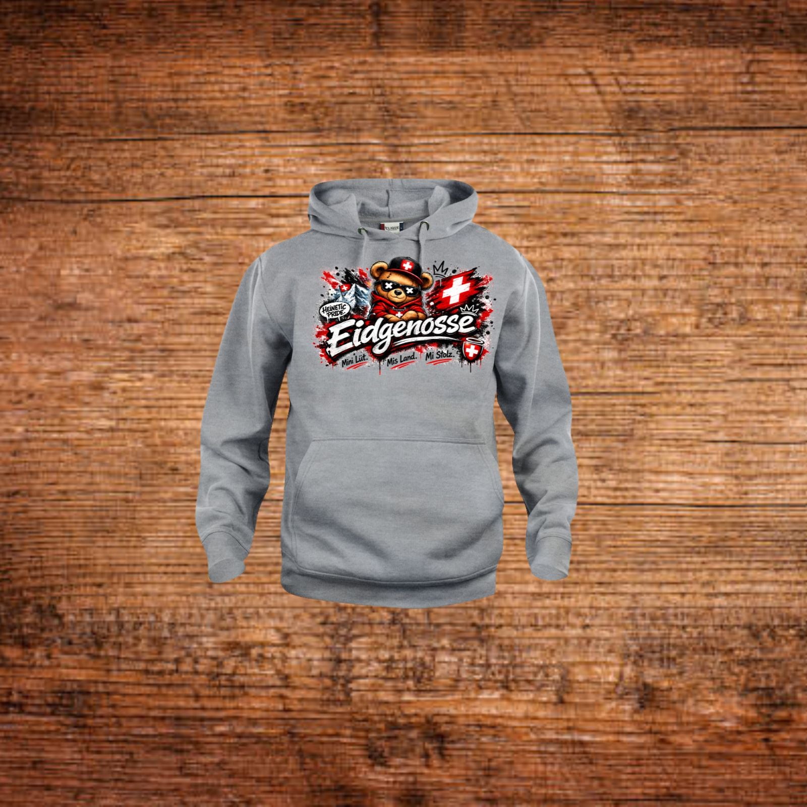 Grauer Hoodie mit Front-Print „Eidgenosse“ und Kängurutasche, Kapuze.