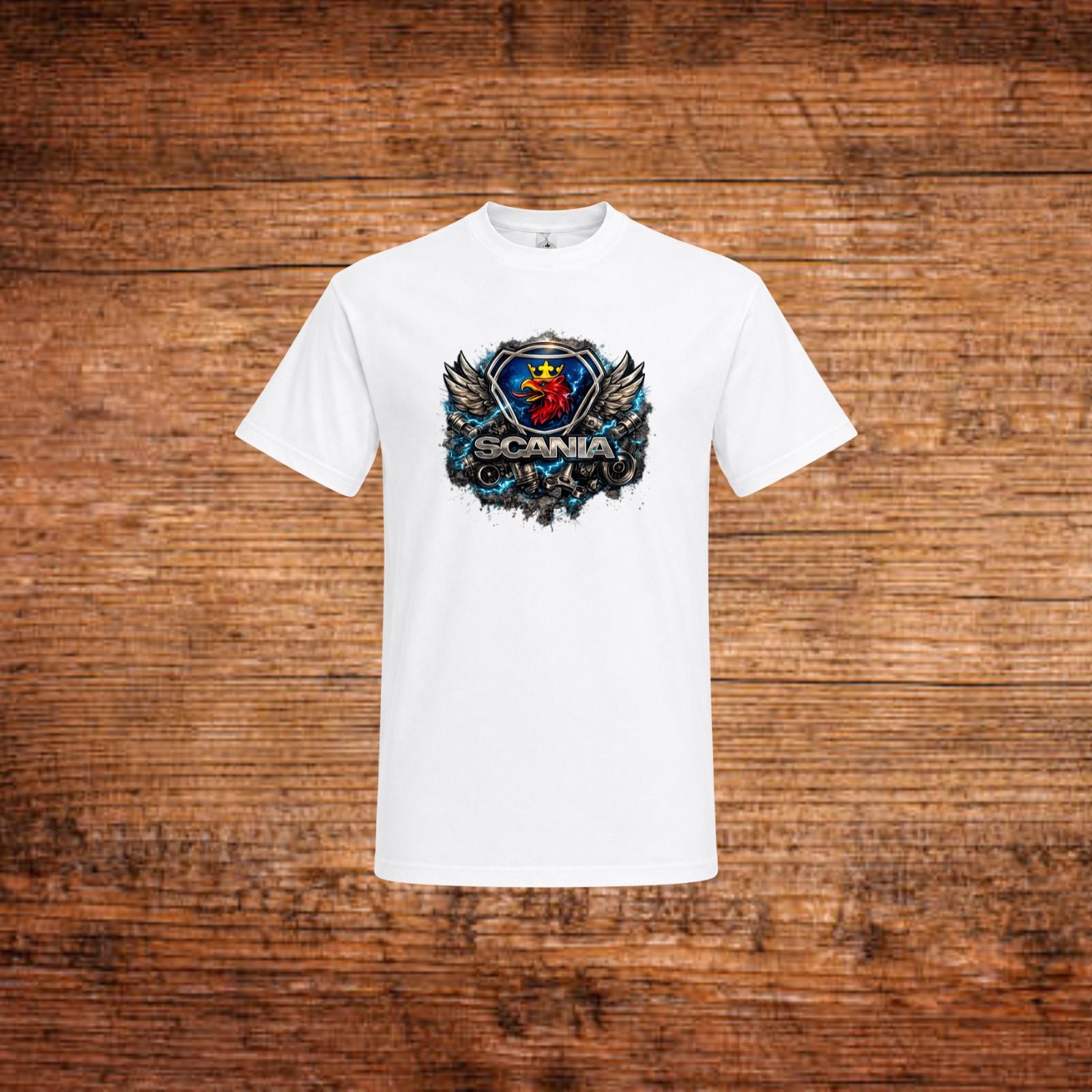 Weißes Herren-T-Shirt mit Scania-Grafik und Flügeln im Brustbereich