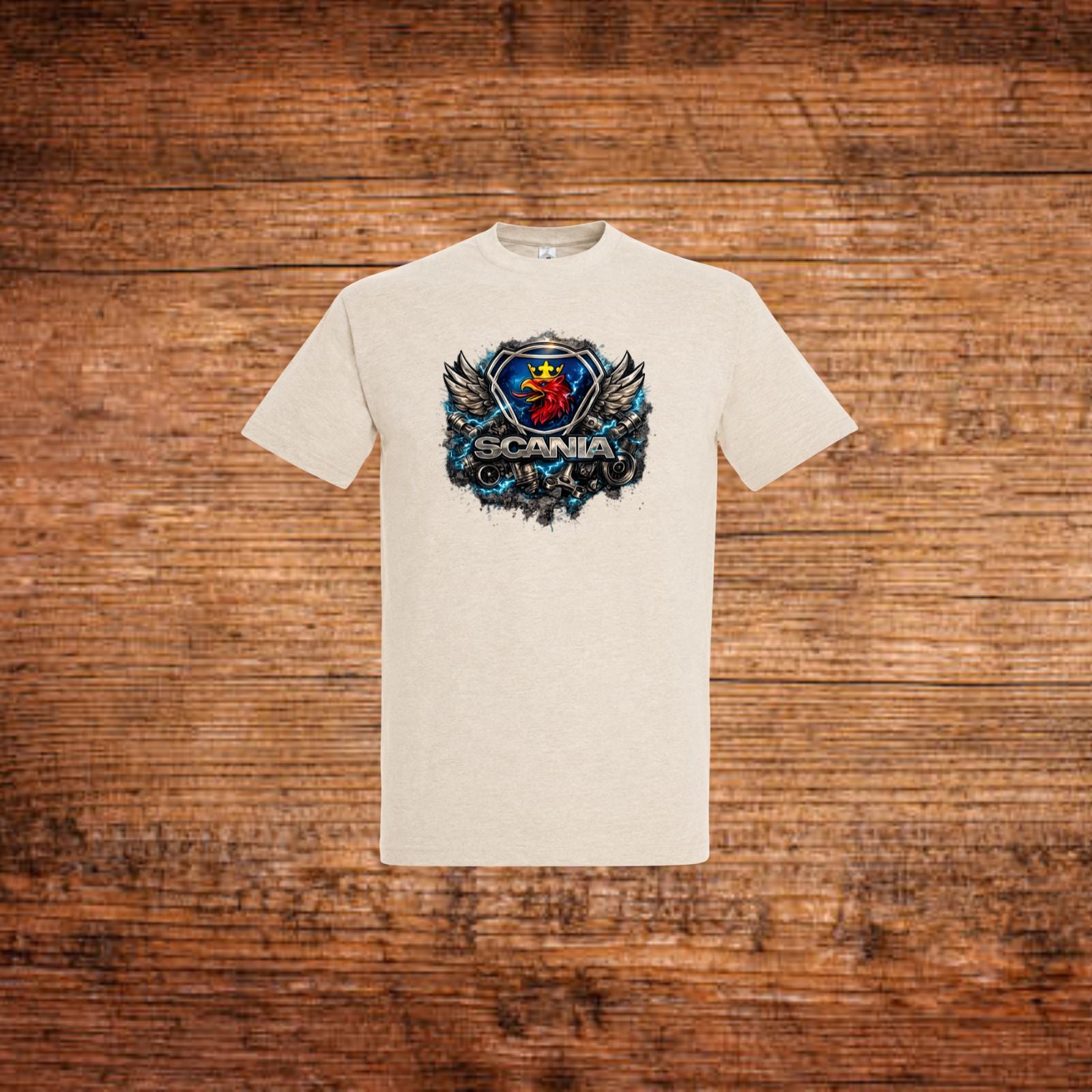Beiges Herren-T-Shirt mit Scania-Grafik und Flügeln im Brustbereich