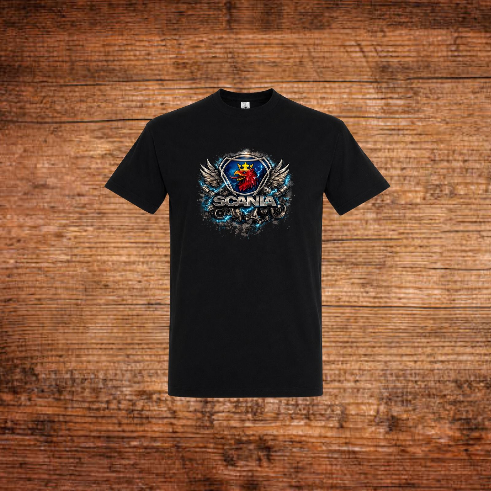 Schwarzes T‑Shirt mit Rundhalsausschnitt und großem Scania-Grafikprint vorne