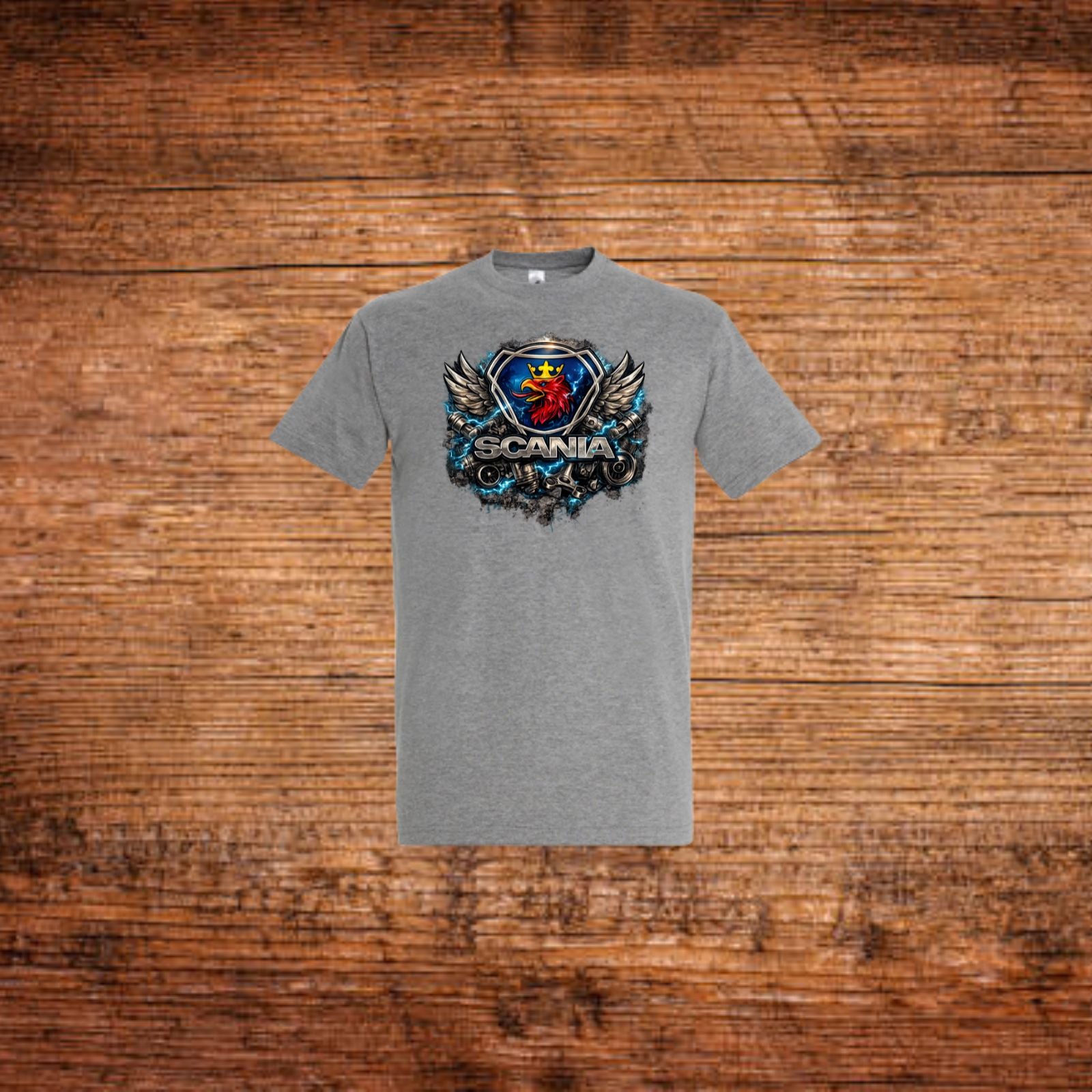 Graues Herren-T-Shirt mit Scania-Grafik und Flügeln im Brustbereich