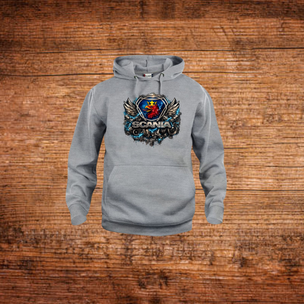 Grauer Hoodie mit Kapuze und Kängurutasche, mit farbiger SCANIA-Grafik vorne