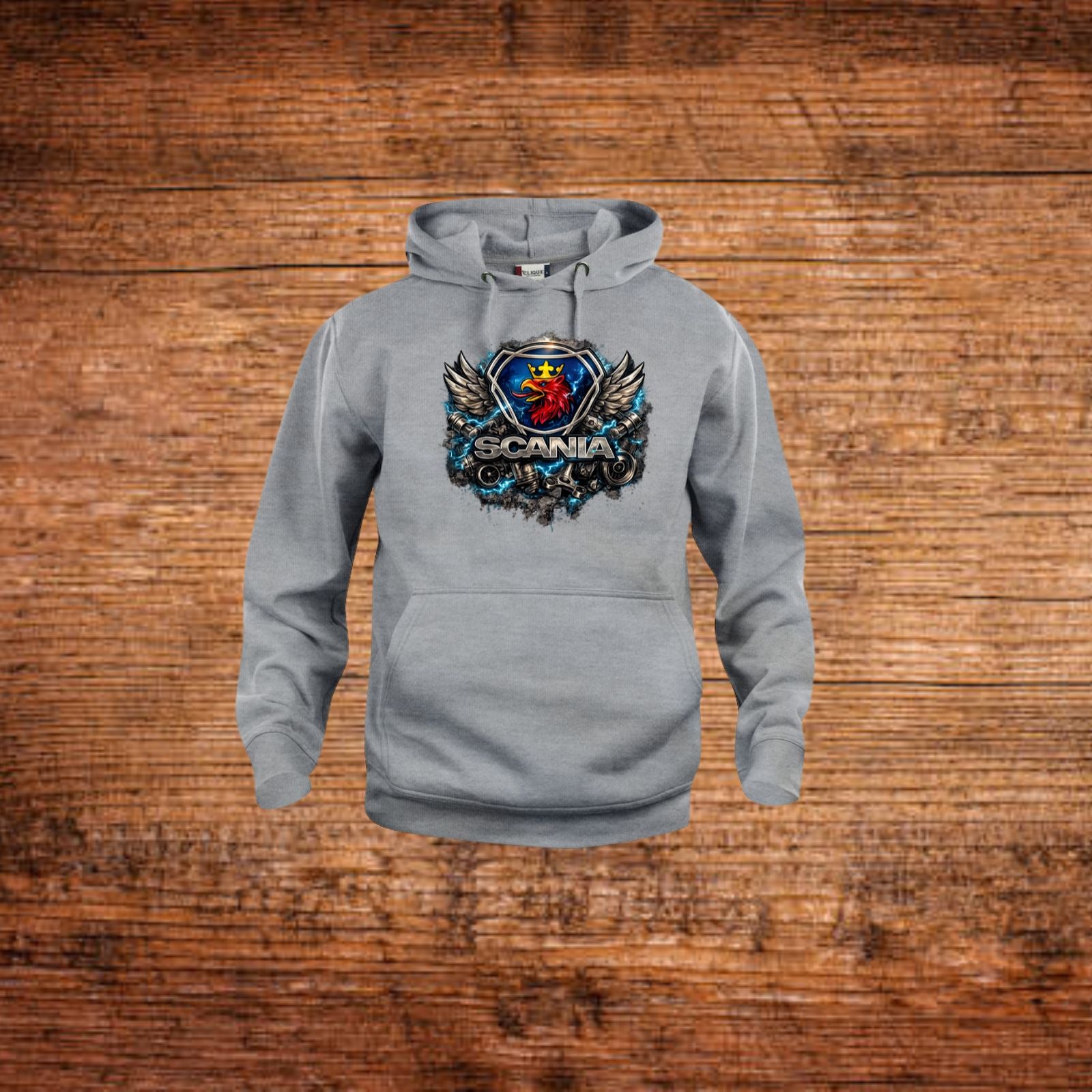 Grauer Hoodie mit Kapuze und Kängurutasche, mit farbiger SCANIA-Grafik vorne