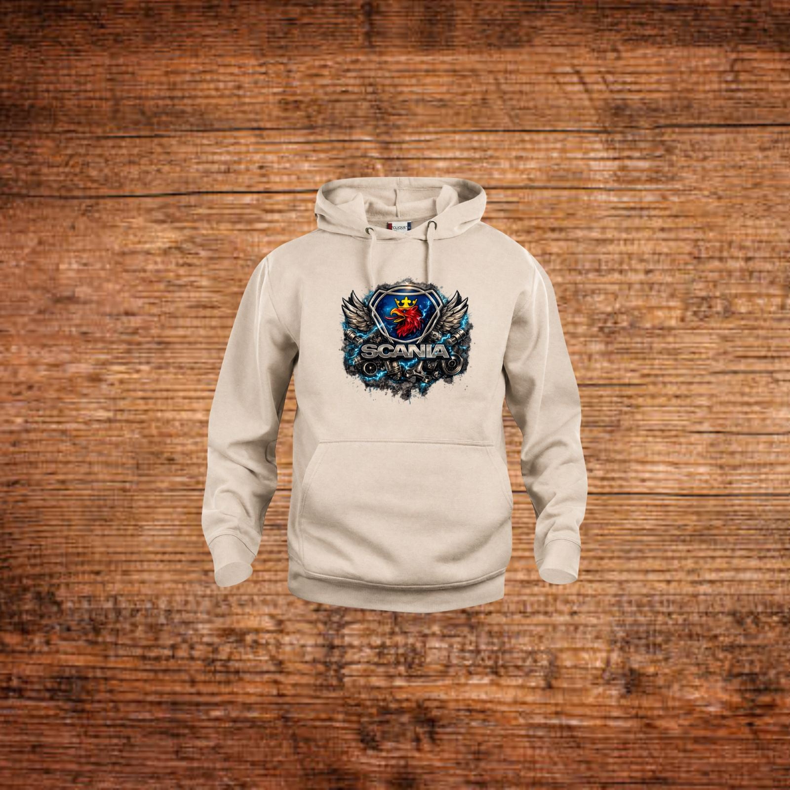 Beiger Kapuzenpullover mit Frontlogo, Kängurutasche und Kordelzug
