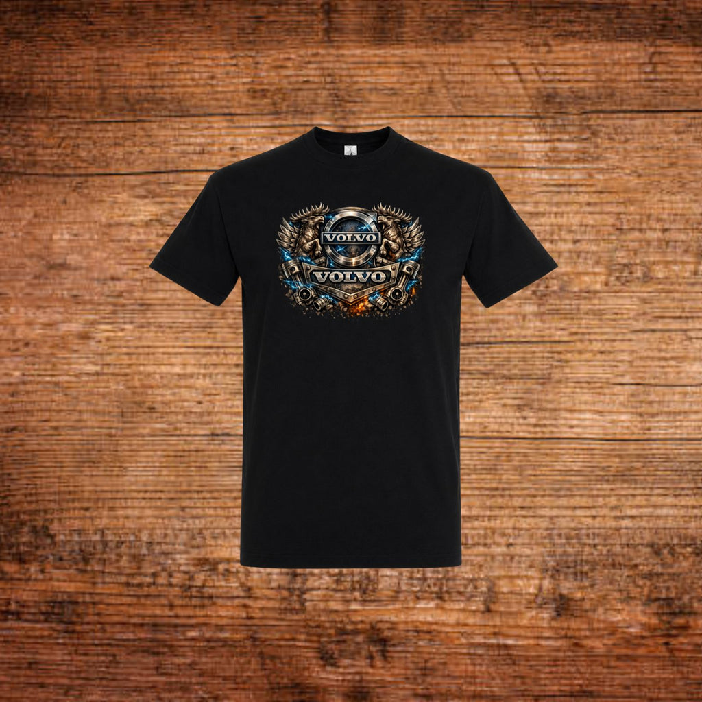 Herren-T-Shirt, schwarzer Stoff mit Volvo Steampunk-Brustemblem
