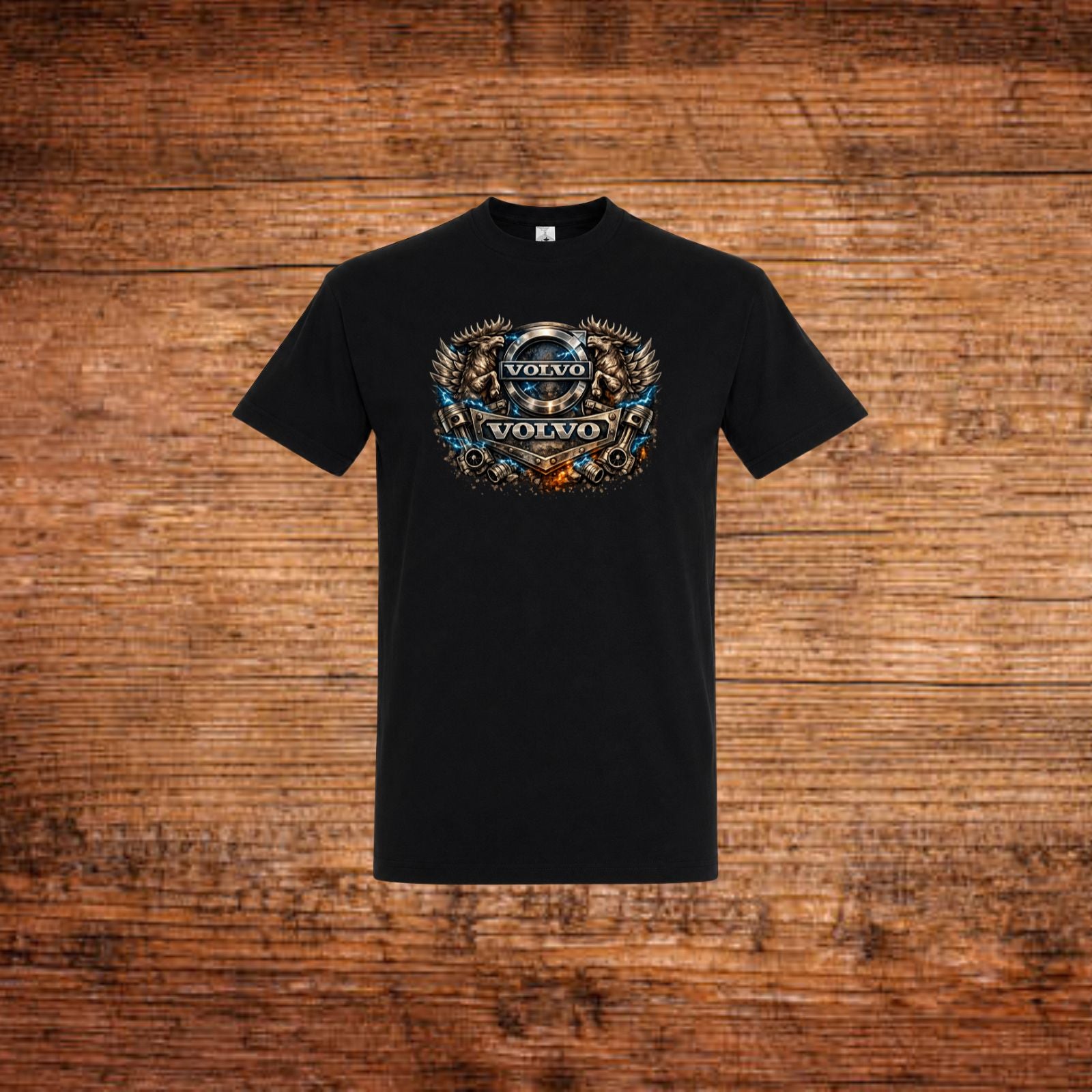 Herren-T-Shirt, schwarzer Stoff mit Volvo Steampunk-Brustemblem