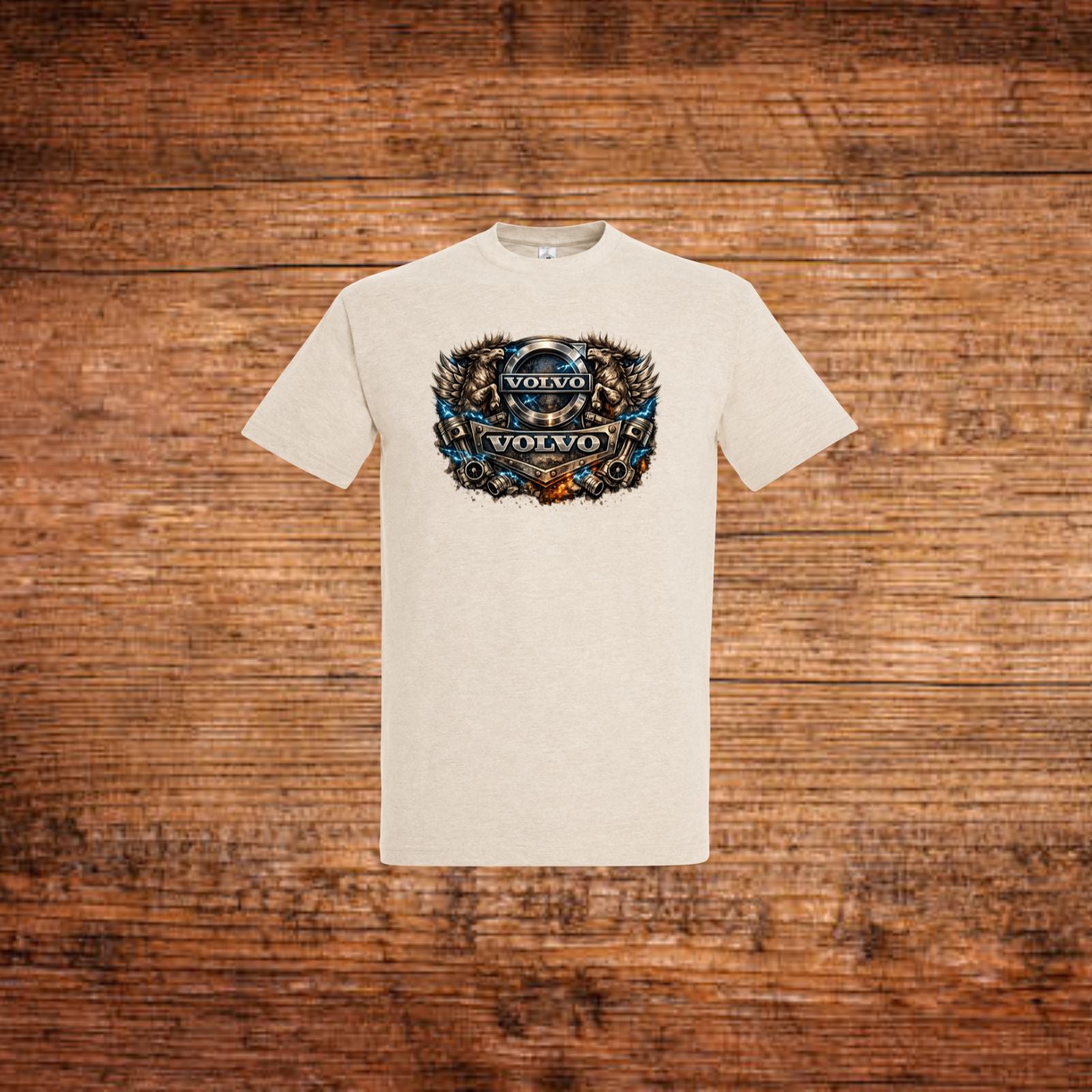 Volvo T‑Shirt (Steampunk-Edition) in Beige mit großer Volvo-Grafik vorne