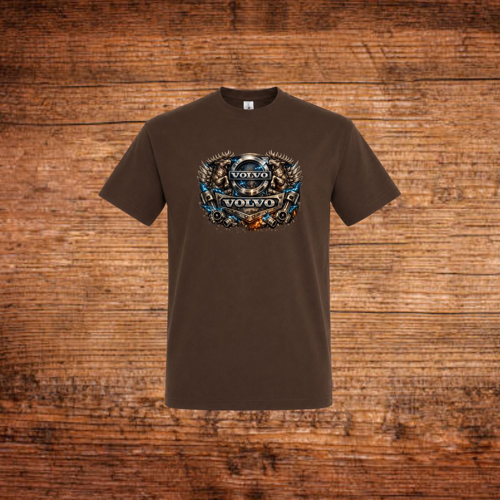 Volvo T‑Shirt (Steampunk-Edition) in Braun mit großer Volvo-Grafik vorne
