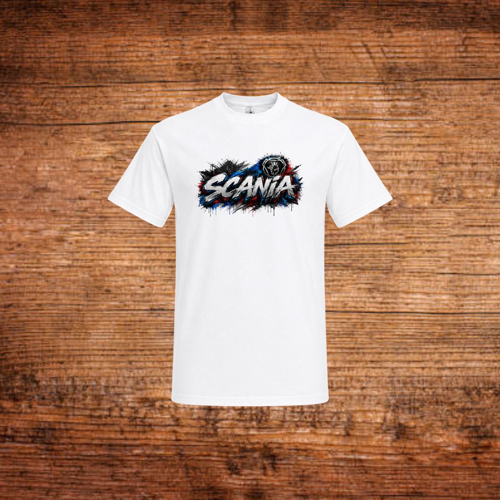 Weißes Scania T-Shirt mit Graffiti-Logo auf der Brust