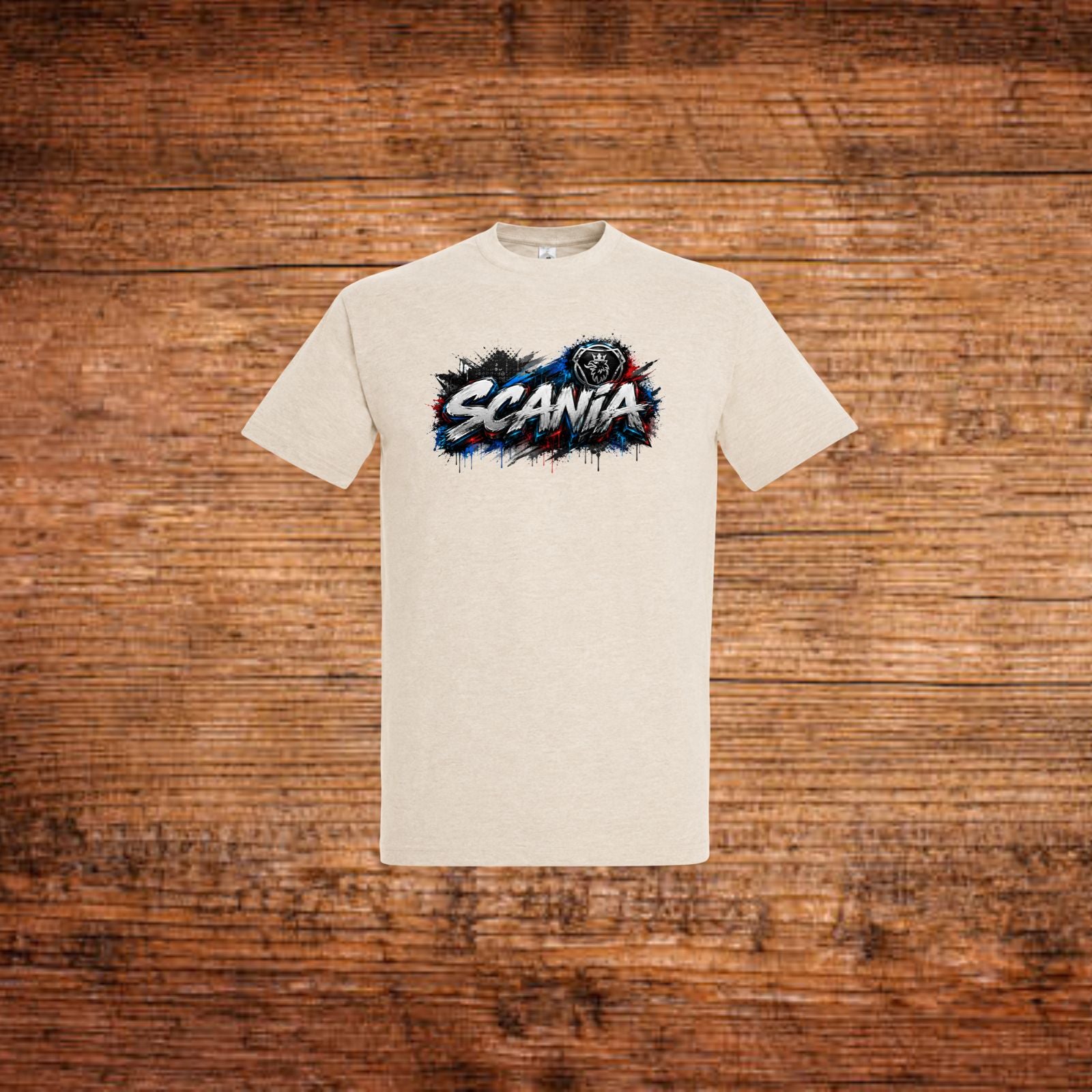 Beiges Scania T-Shirt mit Graffiti-Logo auf der Brust