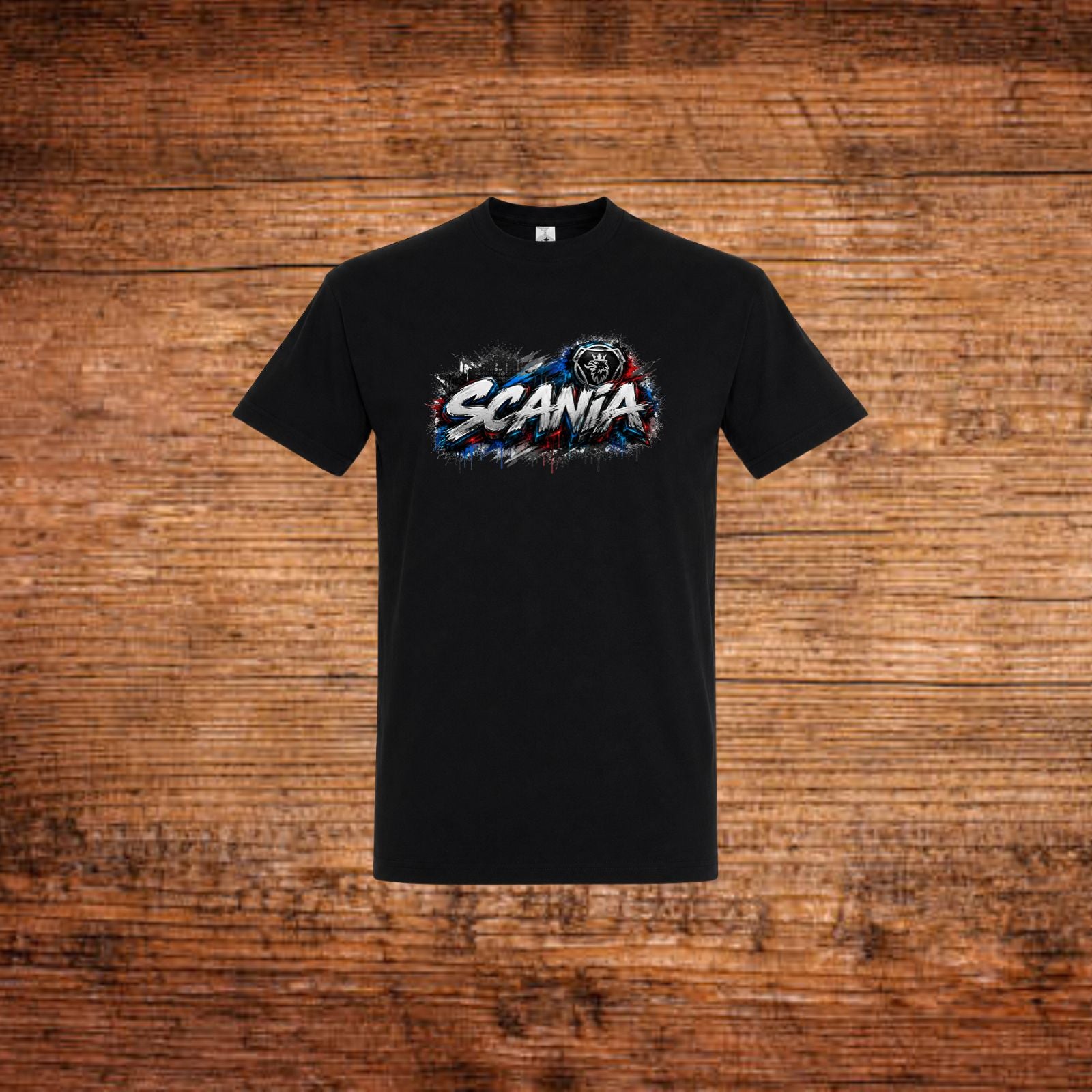 Schwarzes Scania T-Shirt mit Graffiti-Logo auf der Brust