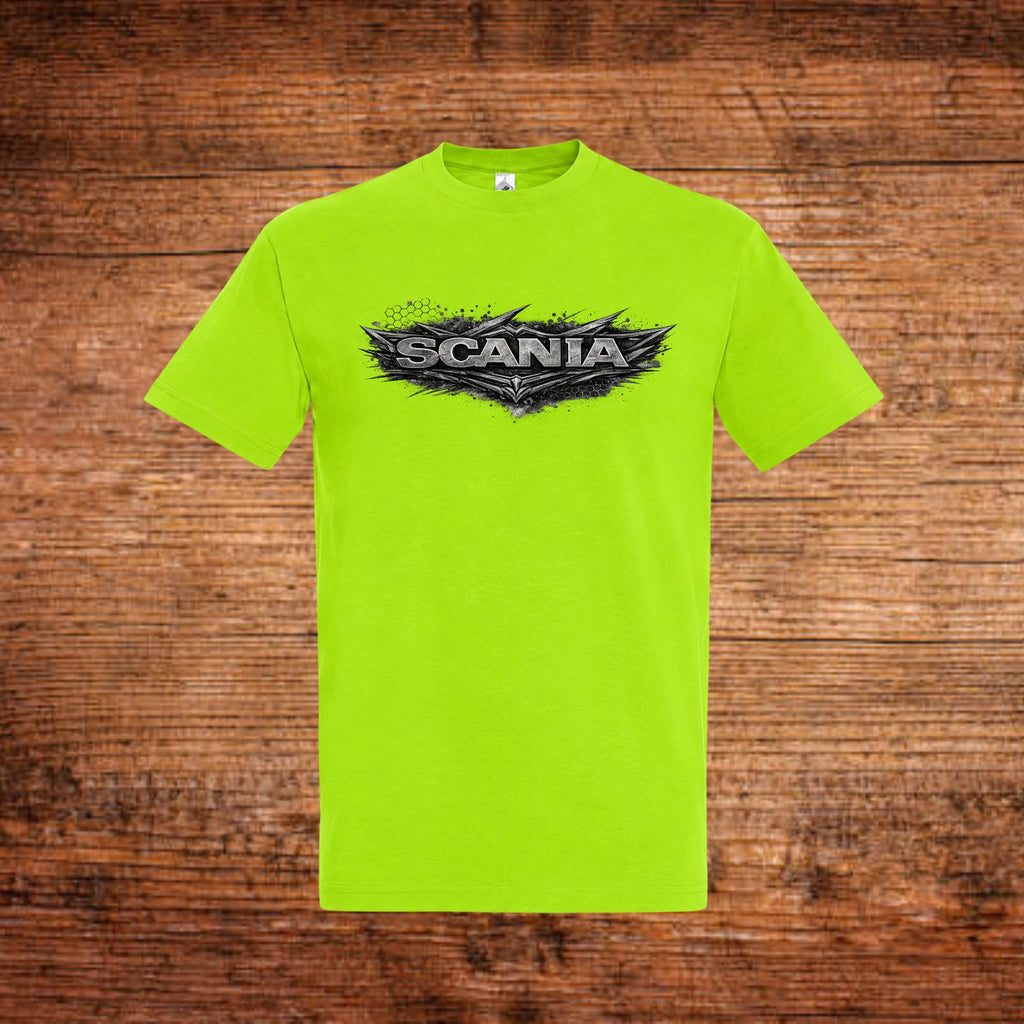 Neongrünes T-Shirt mit SCANIA-Metall-Logo vorn.