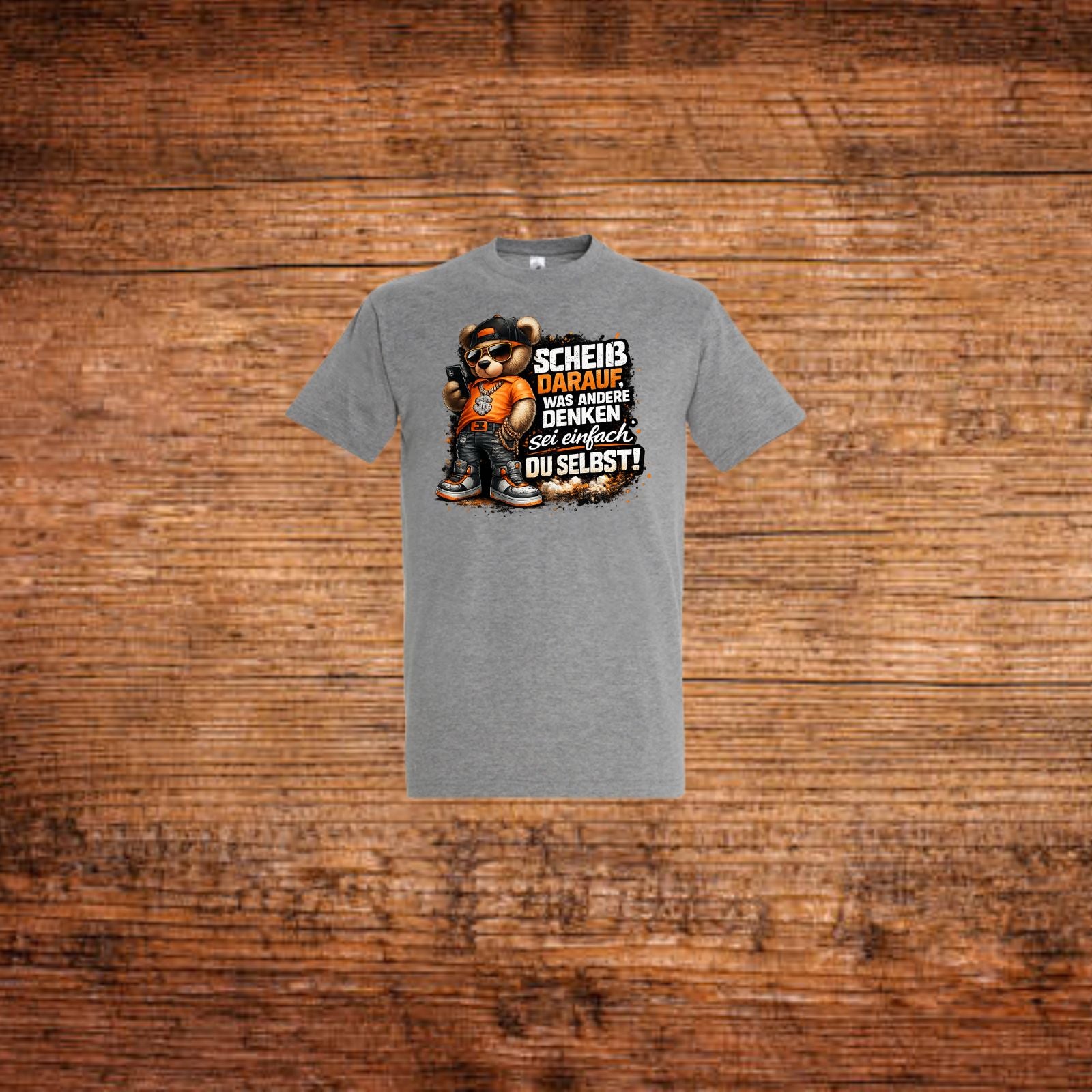 Graues T-Shirt mit Rundhalsausschnitt und Cartoon-Print mit Spruch vorn