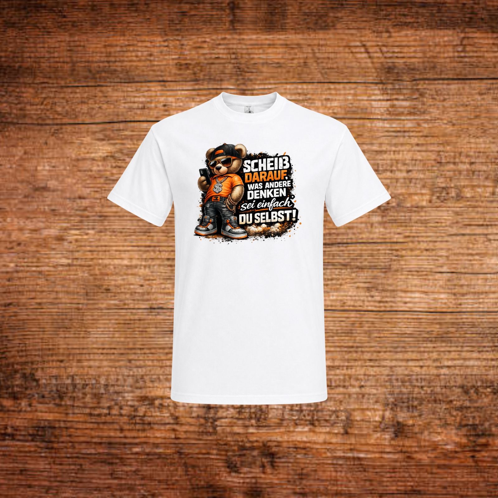 Weißes T-Shirt mit Rundhalsausschnitt und Cartoon-Print mit Spruch vorn