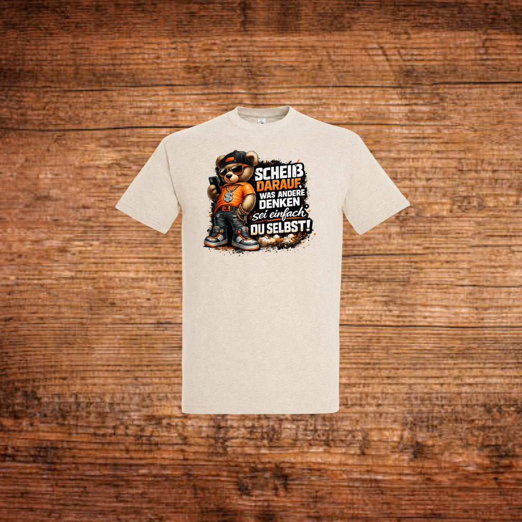 Beiges T-Shirt mit Rundhalsausschnitt und Cartoon-Print mit Spruch vorn