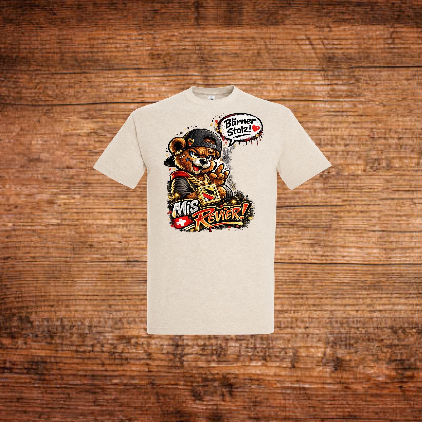 Beiges T-Shirt mit großem Tiercomic-Print vorn und rundem Halsausschnitt