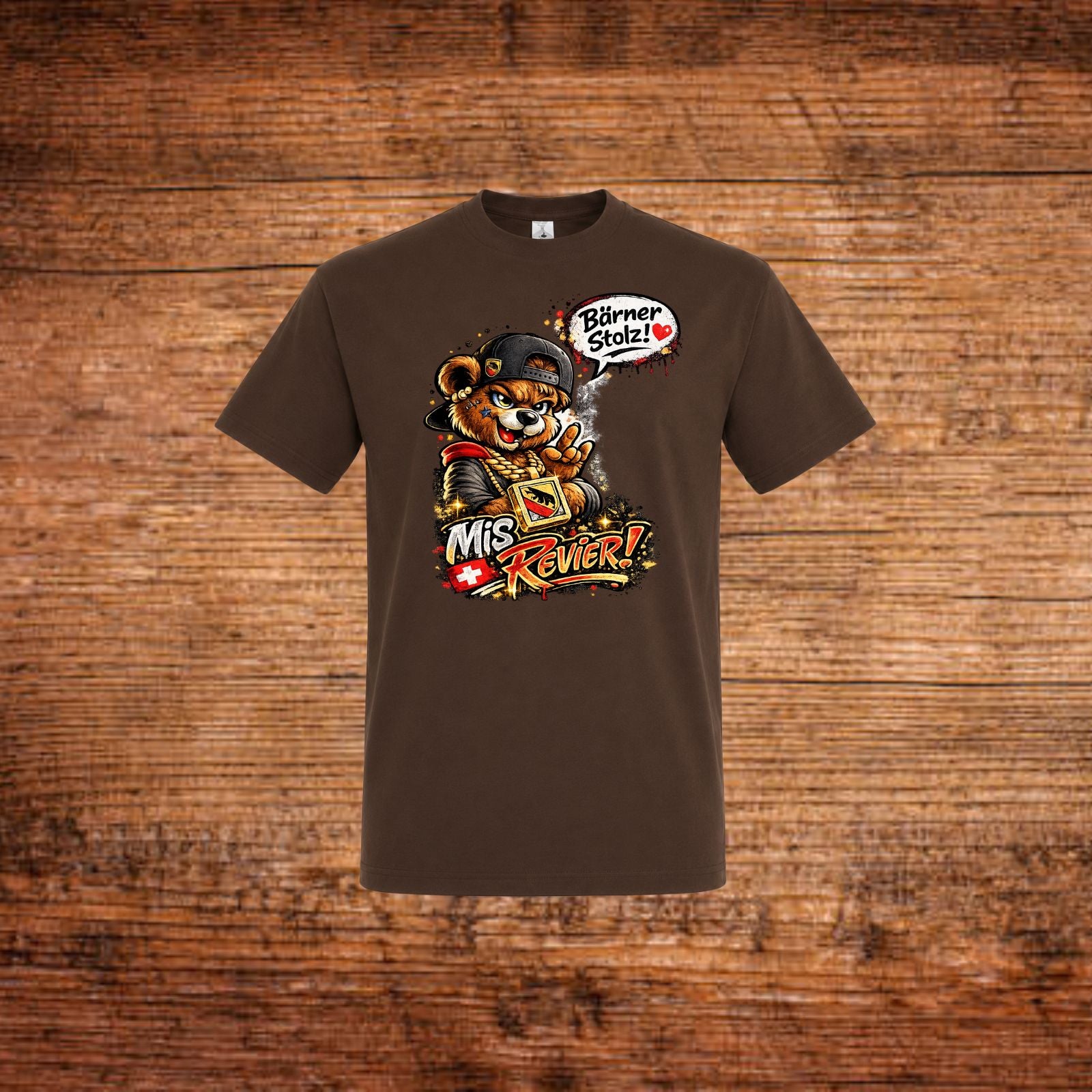 Braunes T-Shirt mit großem Tiercomic-Print vorn und rundem Halsausschnitt